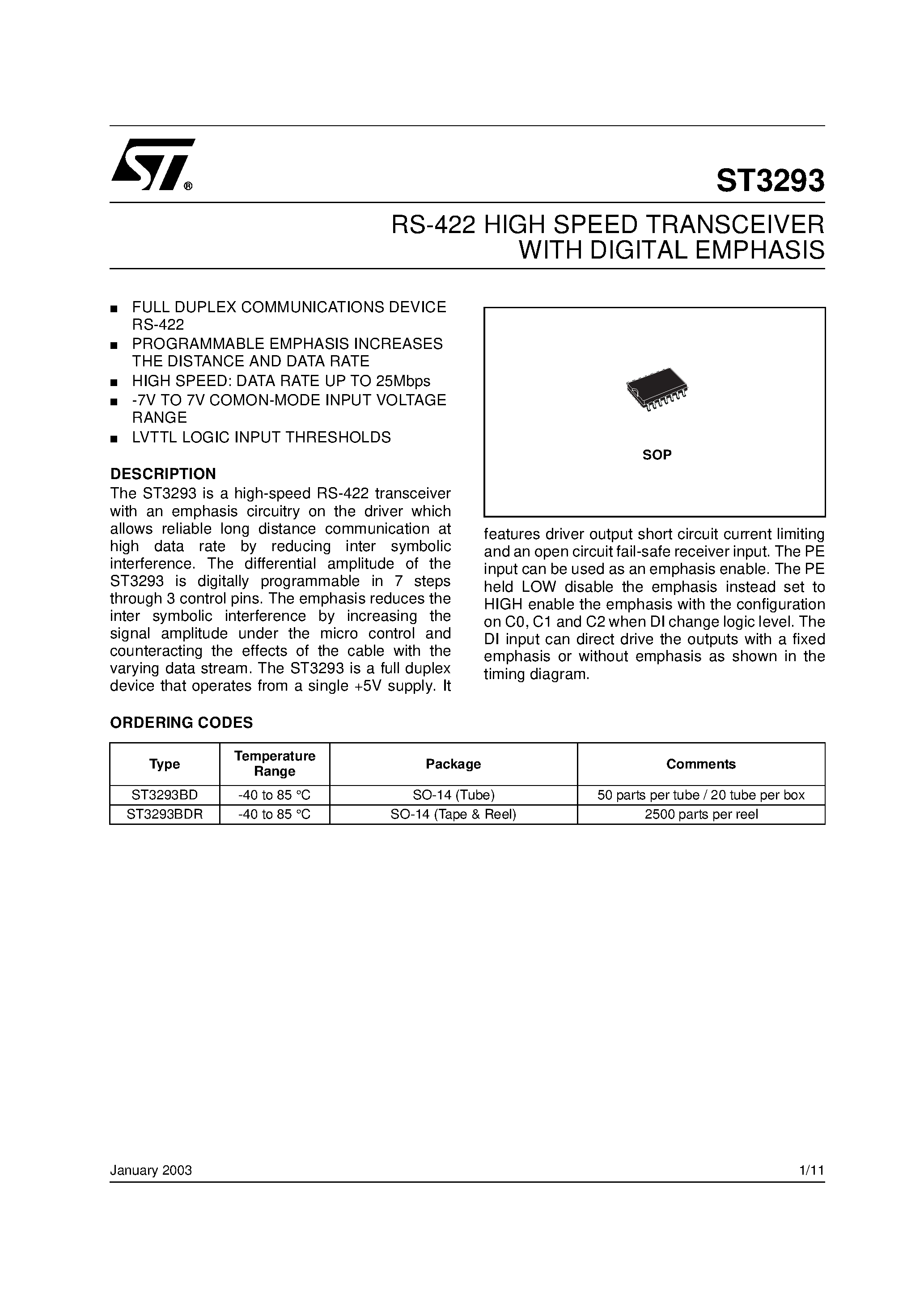 Datasheet ST3293 - RS-422 HIGH SPEED TRANSCEIVER WITH DIGITAL EMPHASIS page 1