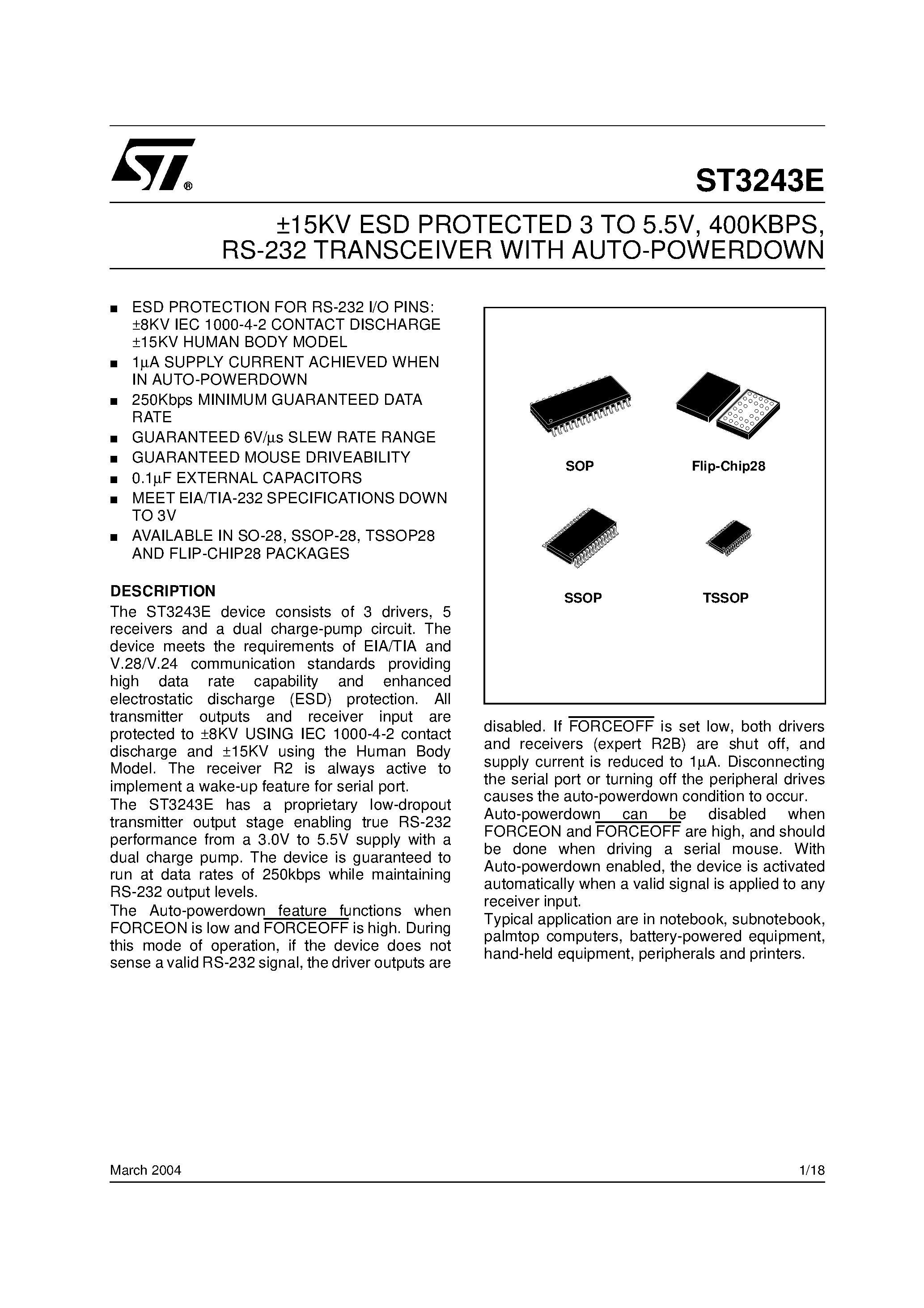 Datasheet ST3243E page 1 Datasheet ST3243E - RS-232 TRANSCEIVER WITH AUTO-POWERDOWN page 1