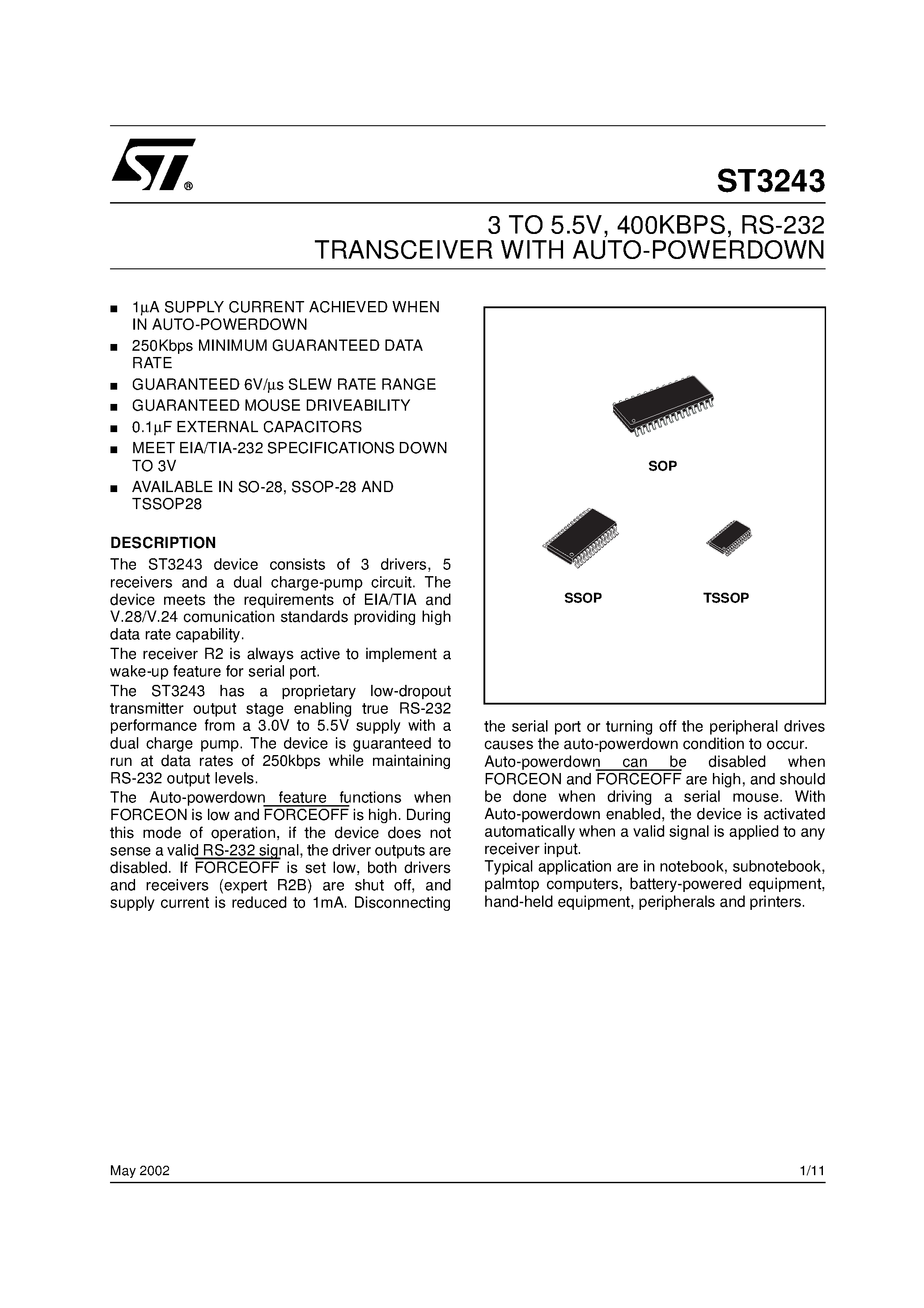 Datasheet ST3243 page 1 Datasheet ST3243 - RS-232 TRANSCEIVER WITH AUTO-POWERDOWN page 1