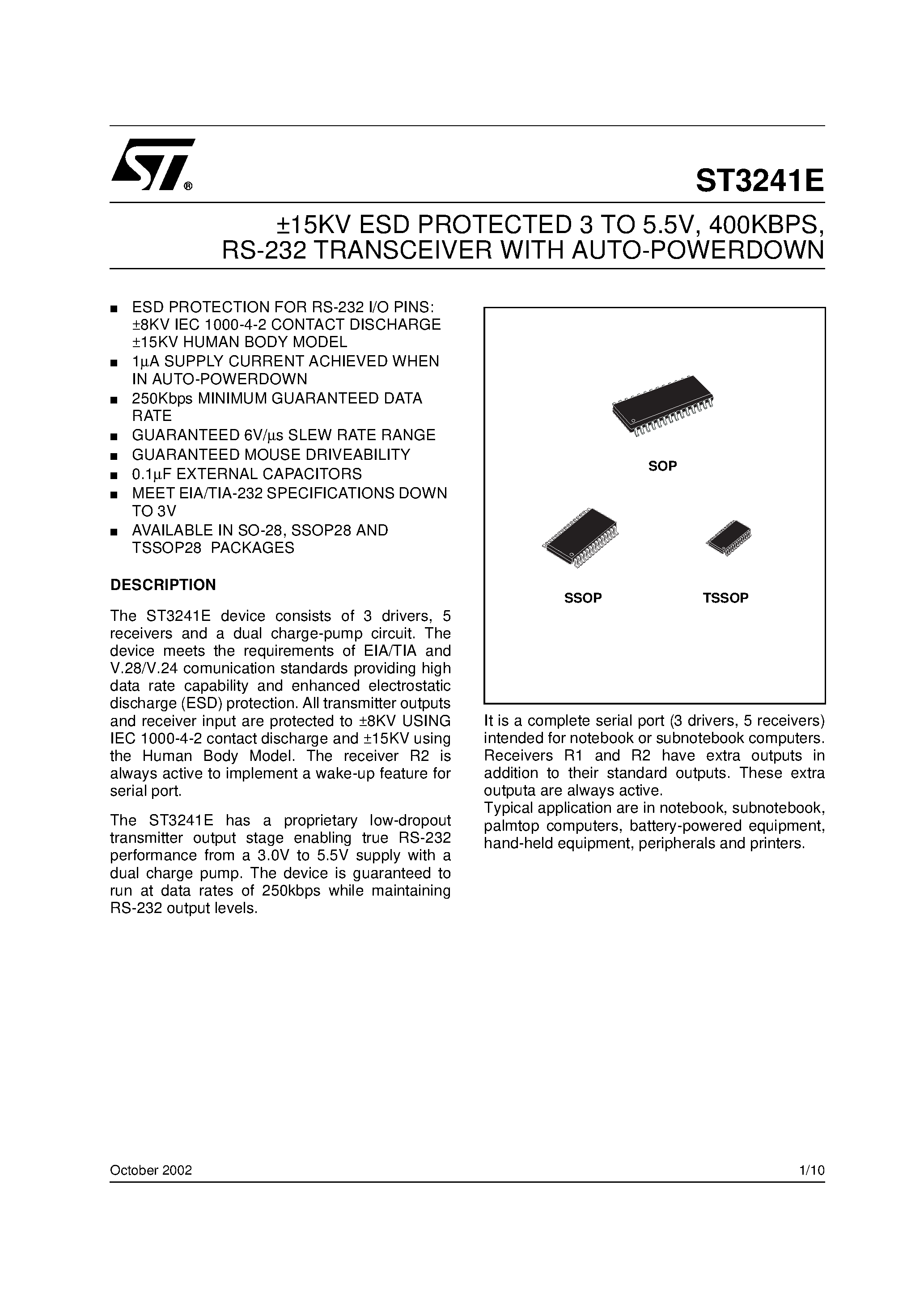 Datasheet ST3241E page 1 Datasheet ST3241E - RS-232 TRANSCEIVER WITH AUTO-POWERDOWN page 1