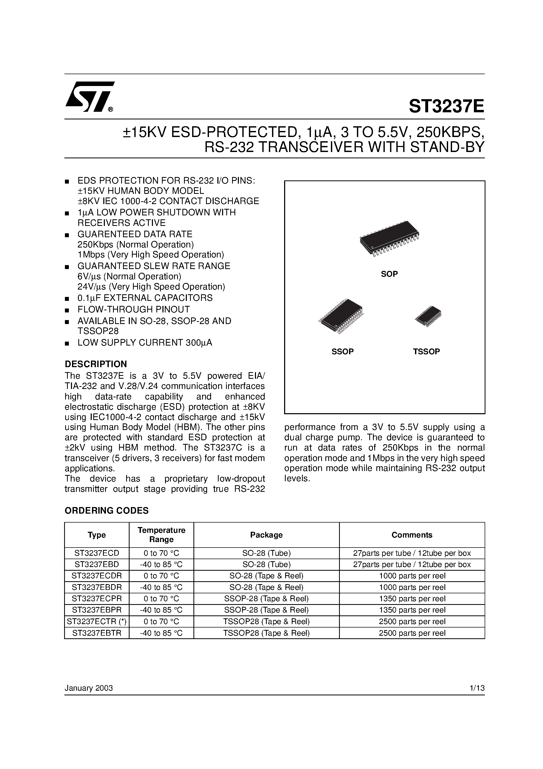 Datasheet ST3237E - RS-232 TRANSCEIVER WITH STAND-BY page 1