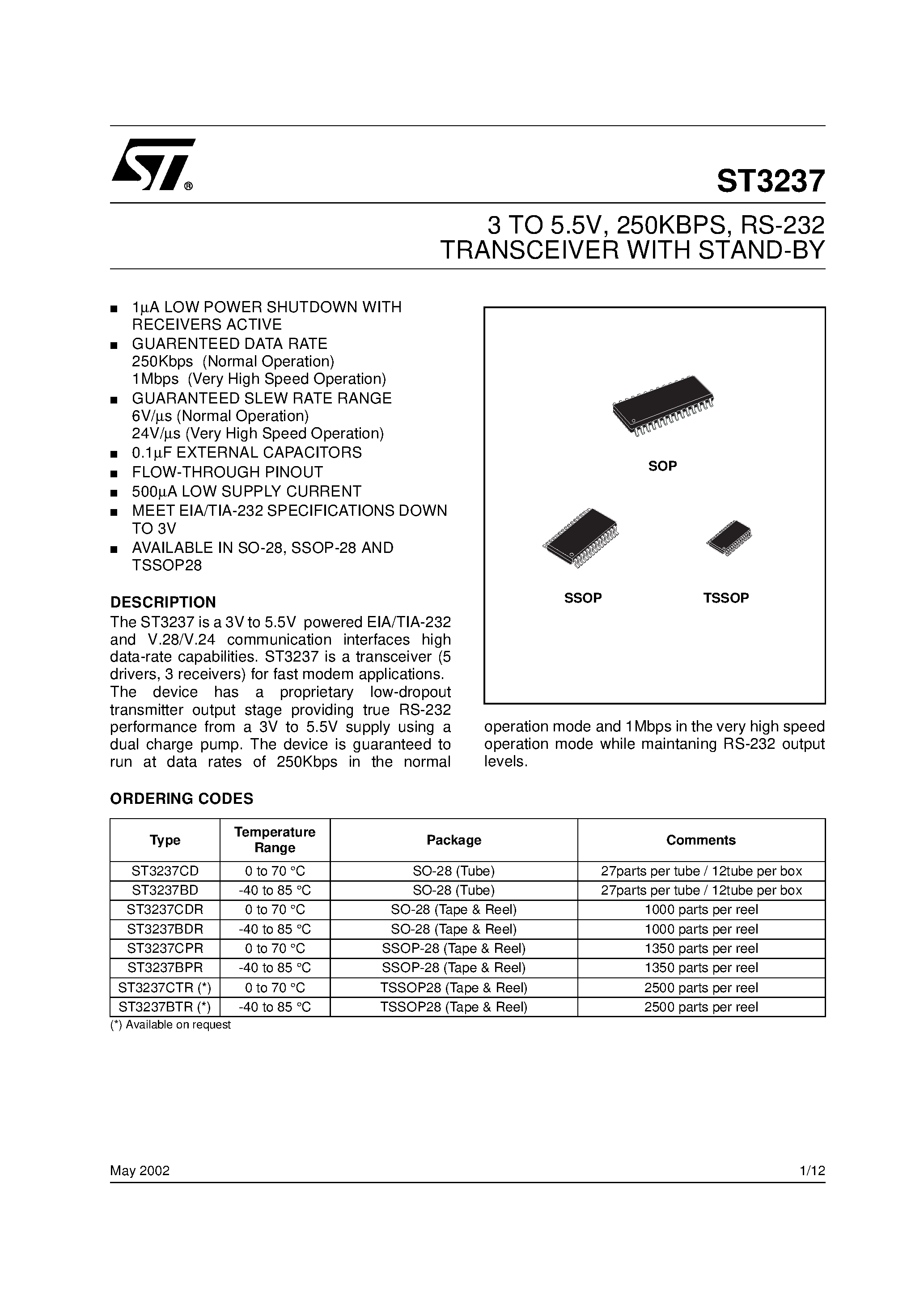 Datasheet ST3237 - RS-232 TRANSCEIVER WITH STAND-BY page 1