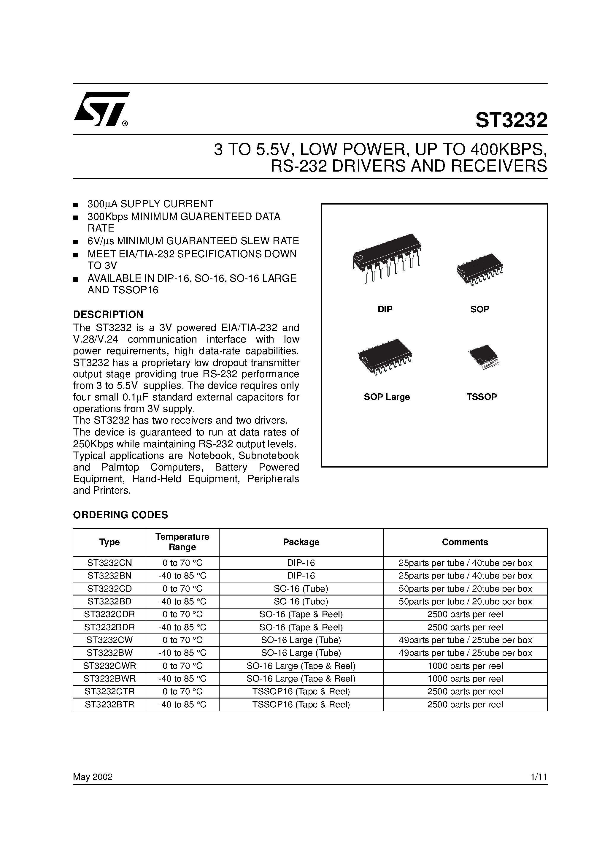 Datasheet ST3232 - RS-232 DRIVERS AND RECEIVERS page 1