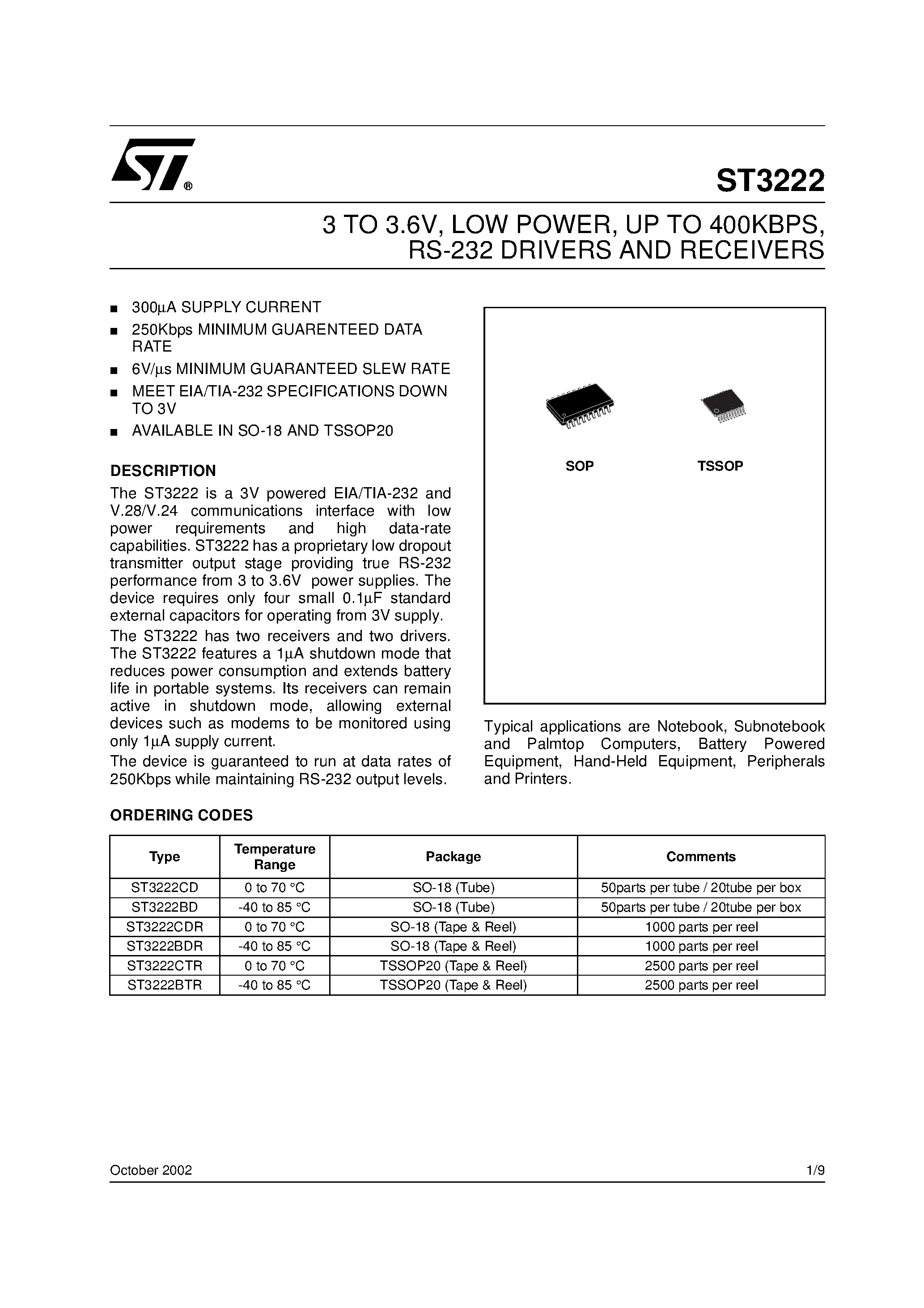 Datasheet ST3222 - RS-232 DRIVERS AND RECEIVERS page 1