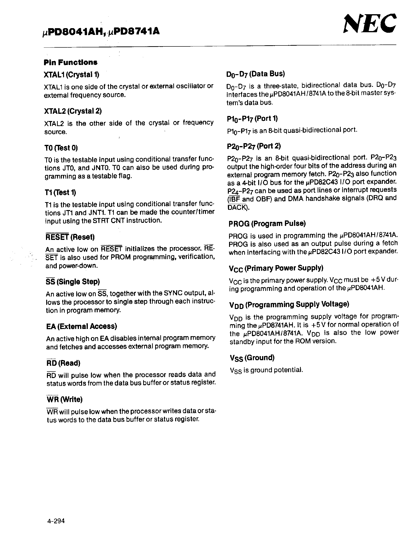 Даташит на микросхему UPD8041AH страница 2 Даташит UPD8041AH - (UPD8741A / UPD8041AH) 8-Bit Single-Chip NMOS Microcomputers with Universal PPI страница 2