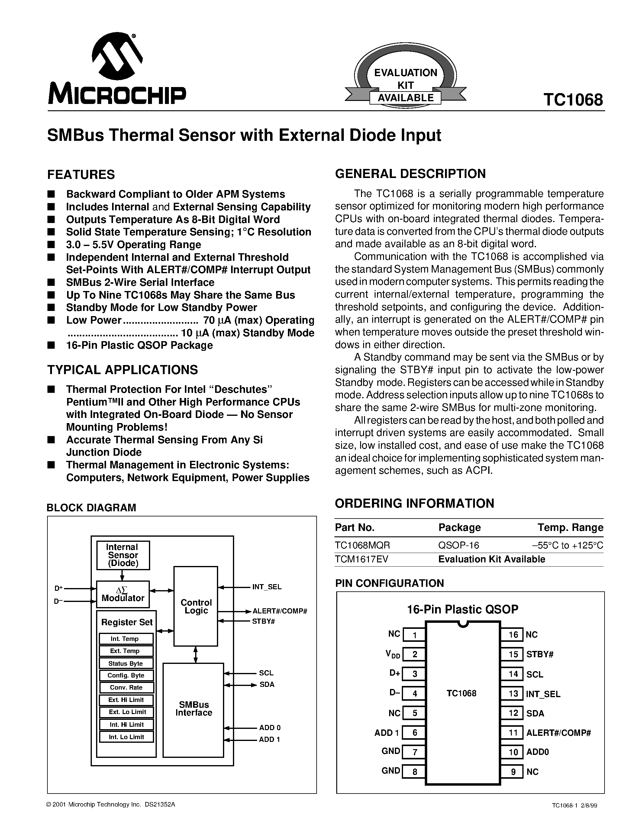 Datasheet TC1068 page 1 Datasheet TC1068 - SMBus Thermal Sensor page 1