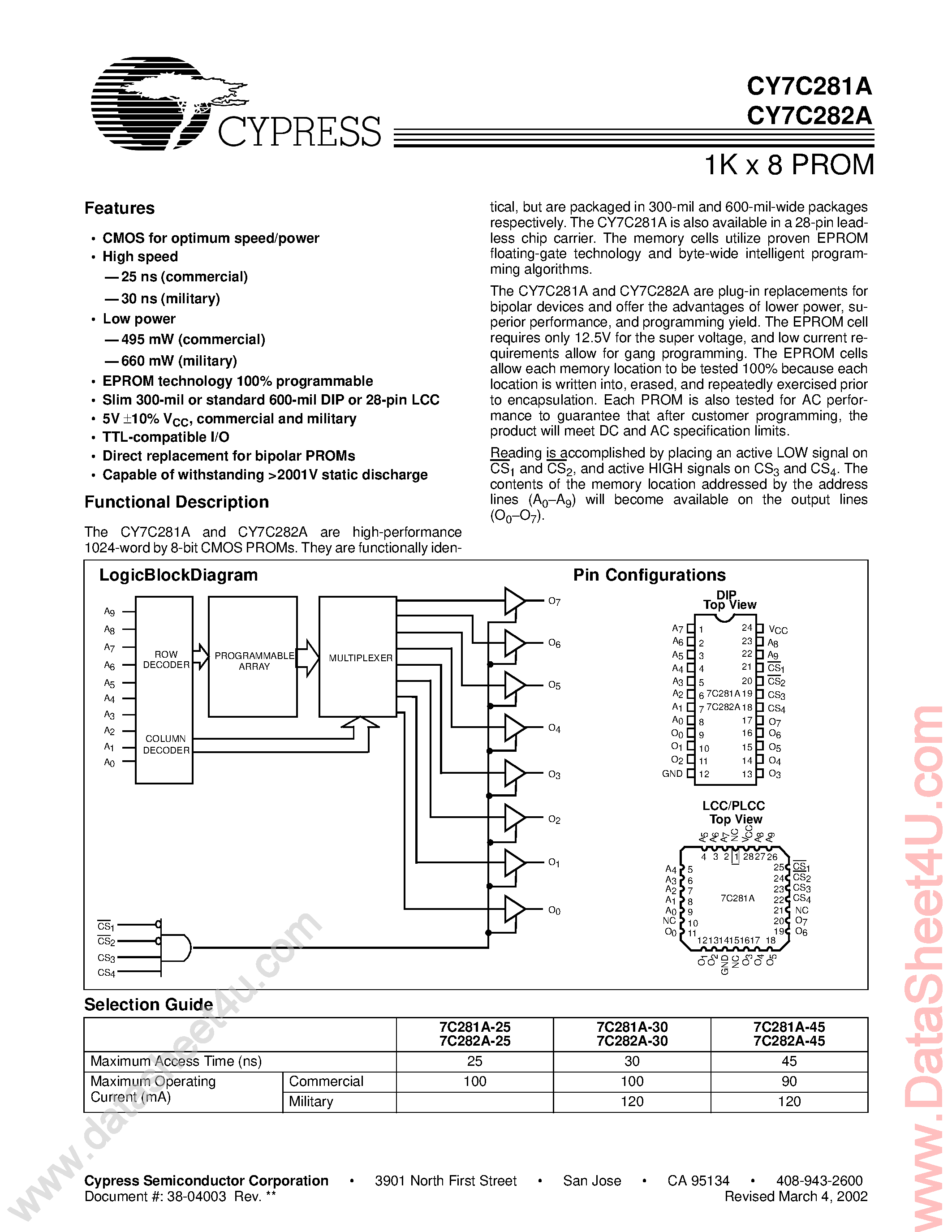 Даташит CY7C281A - (CY7C281A / CY7C282A) 1K x 8 PROM страница 1