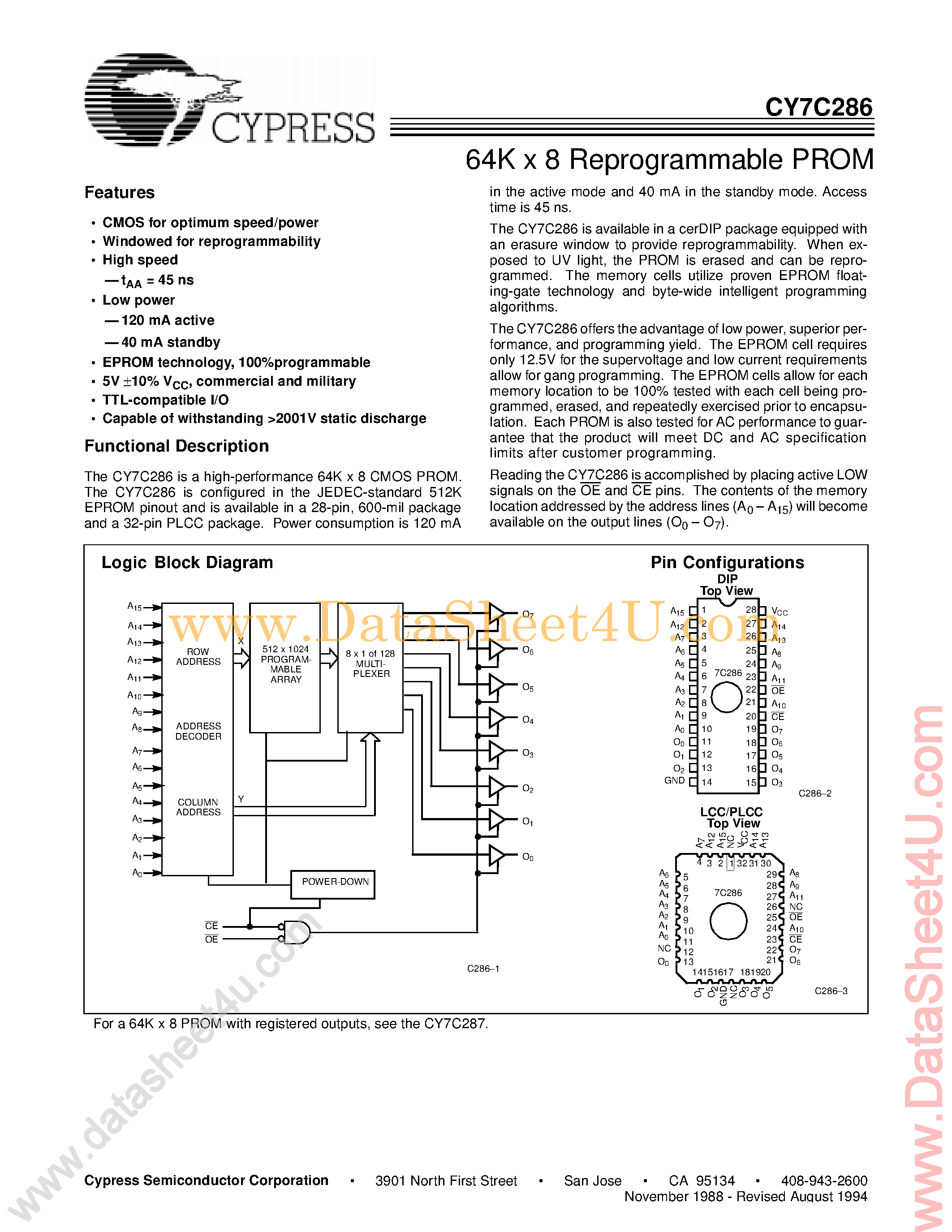 Даташит на микросхему CY7C286 страница 1 Даташит CY7C286 - 64K x 8 PROM страница 1