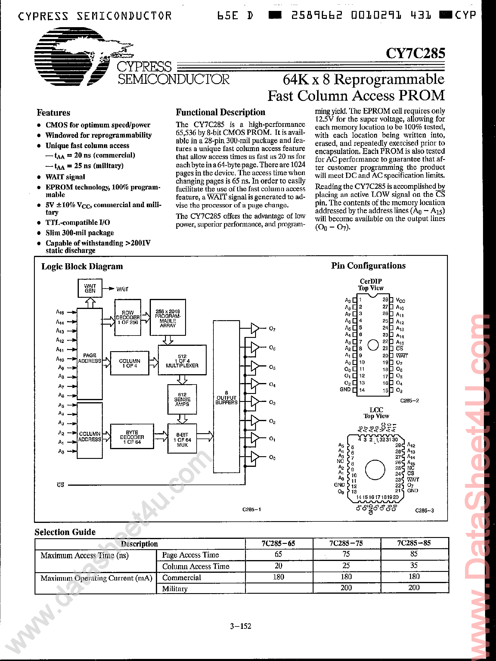 Даташит на микросхему CY7C285 страница 1 Даташит CY7C285 - 64K x 8 PROM страница 1