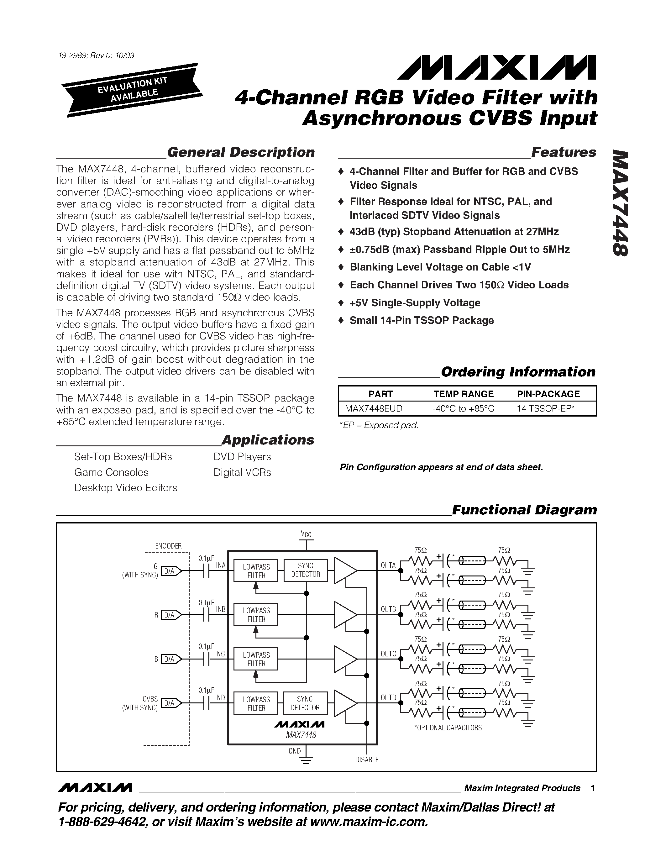 Datasheet MAX7448 - 4-Channel RGB Video Filter with Asynchronous CVBS Input page 1