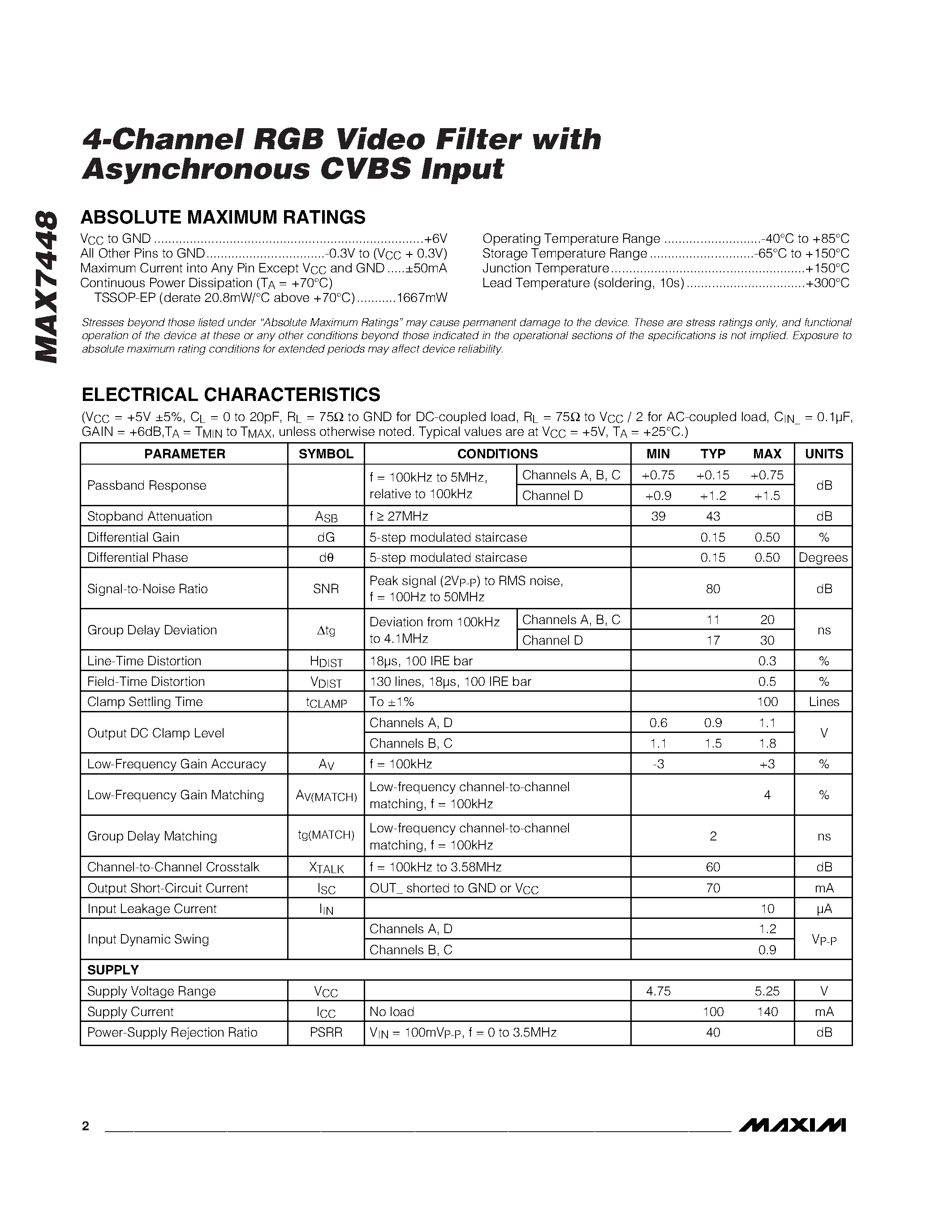 Datasheet MAX7448 - 4-Channel RGB Video Filter with Asynchronous CVBS Input page 2