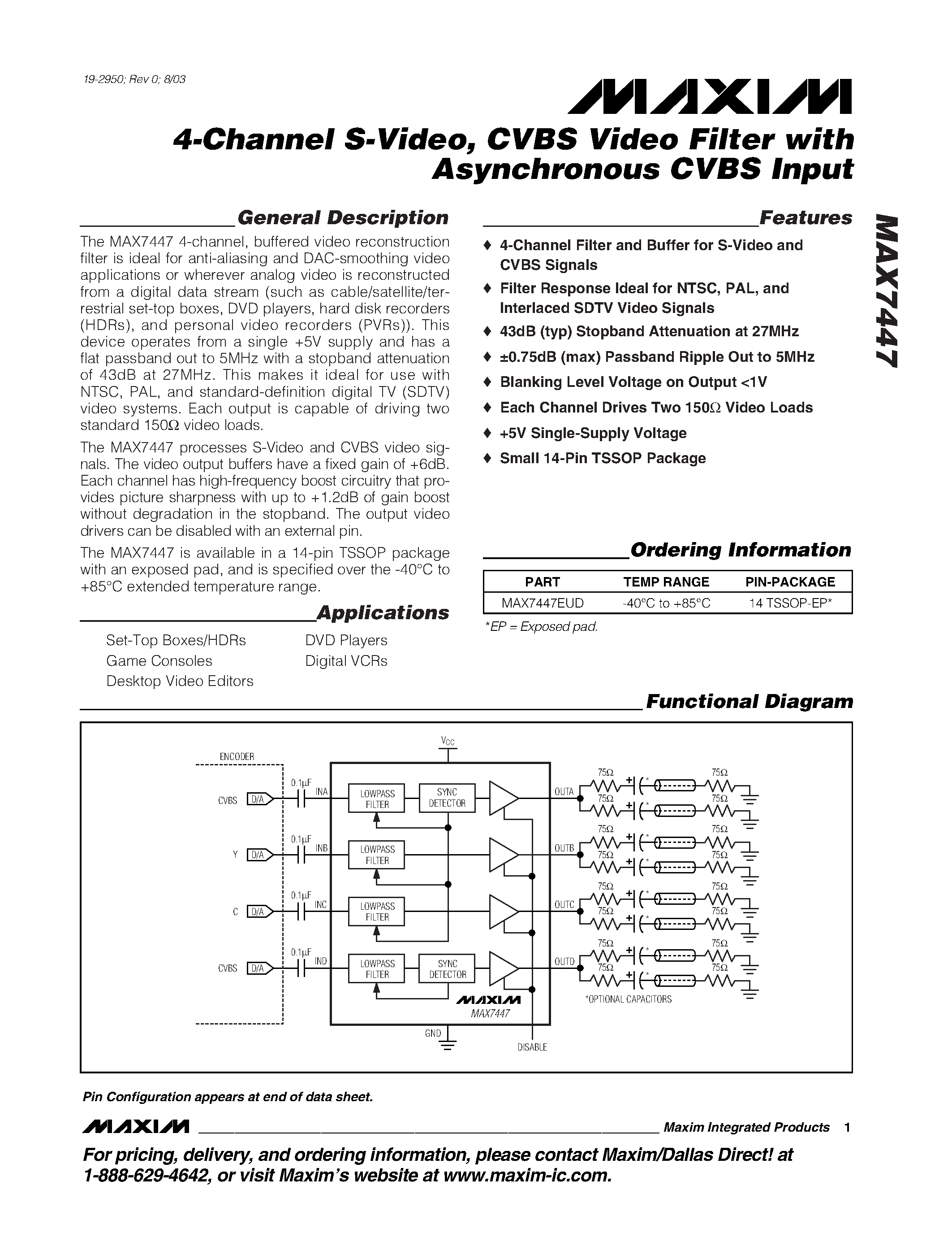 Datasheet MAX7447 - 4-Channel S-Video / CVBS Video Filter with Asynchronous CVBS Input page 1