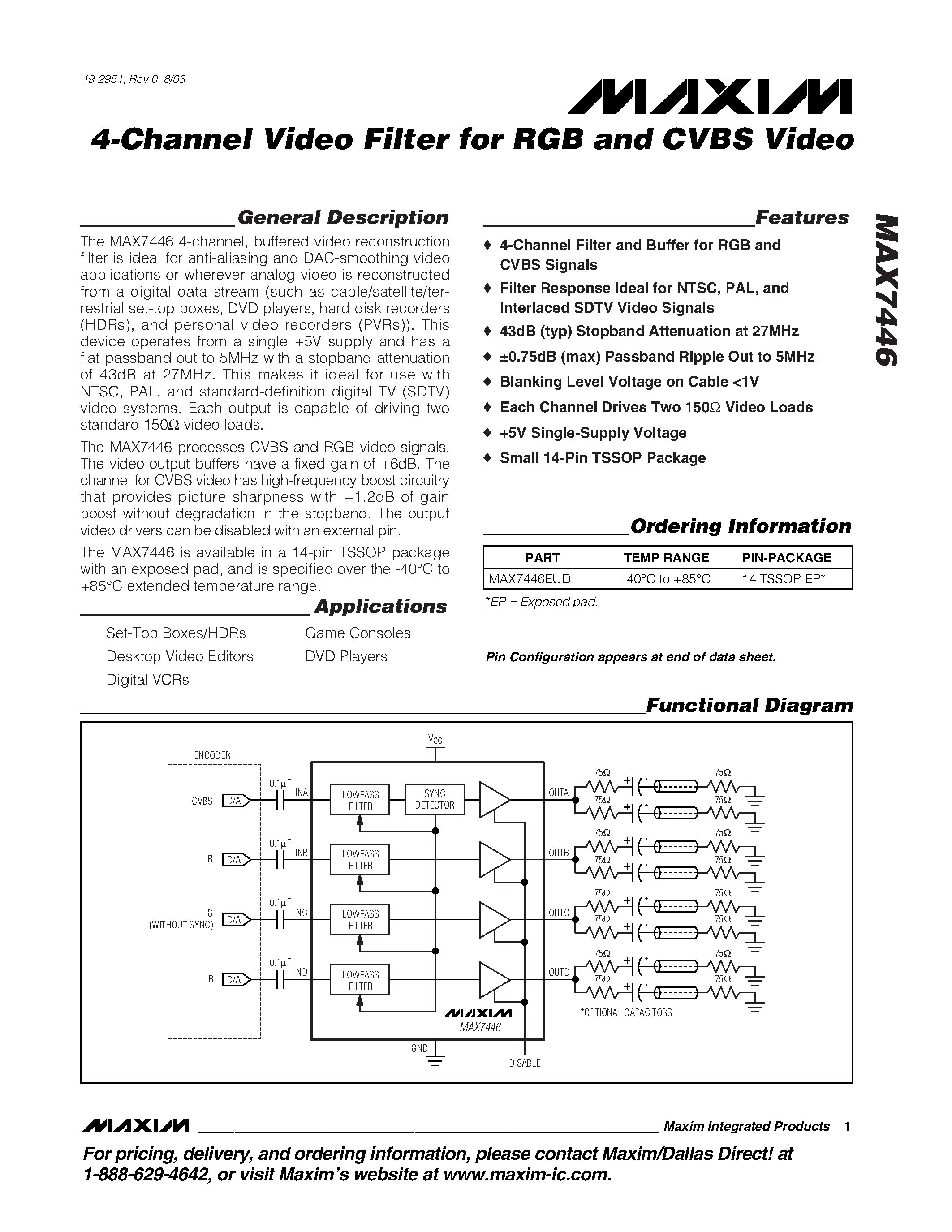 Datasheet MAX7446 - 4-Channel Video Filter for RGB and CVBS Video page 1