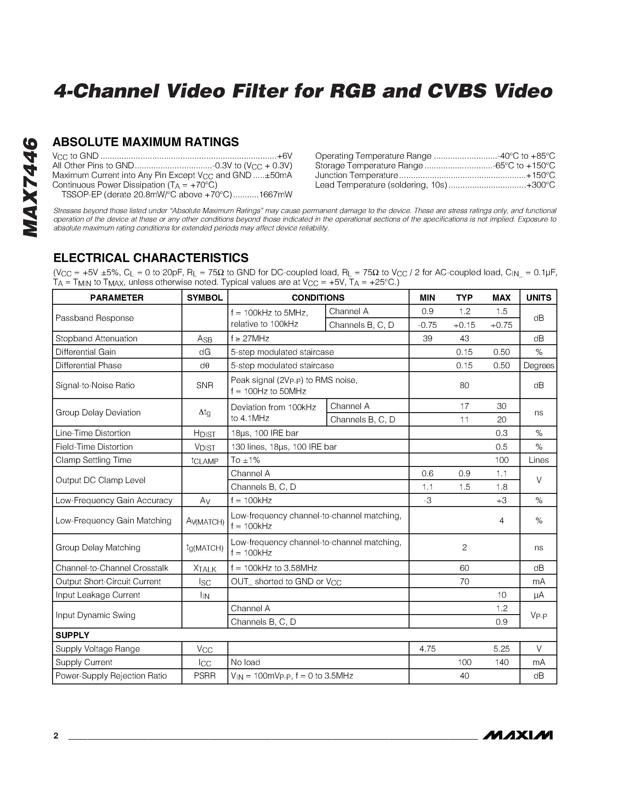 Datasheet MAX7446 - 4-Channel Video Filter for RGB and CVBS Video page 2