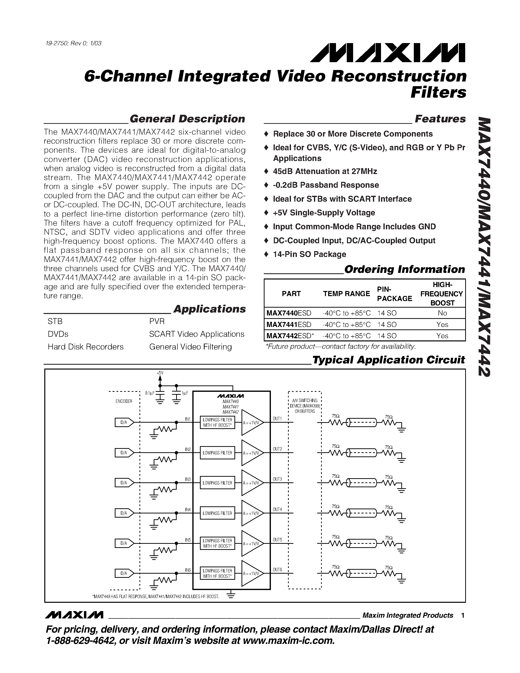 Datasheet MAX7440 - (MAX7440 - MAX7442) 6-Channel Integrated Video Reconstruction Filters page 1