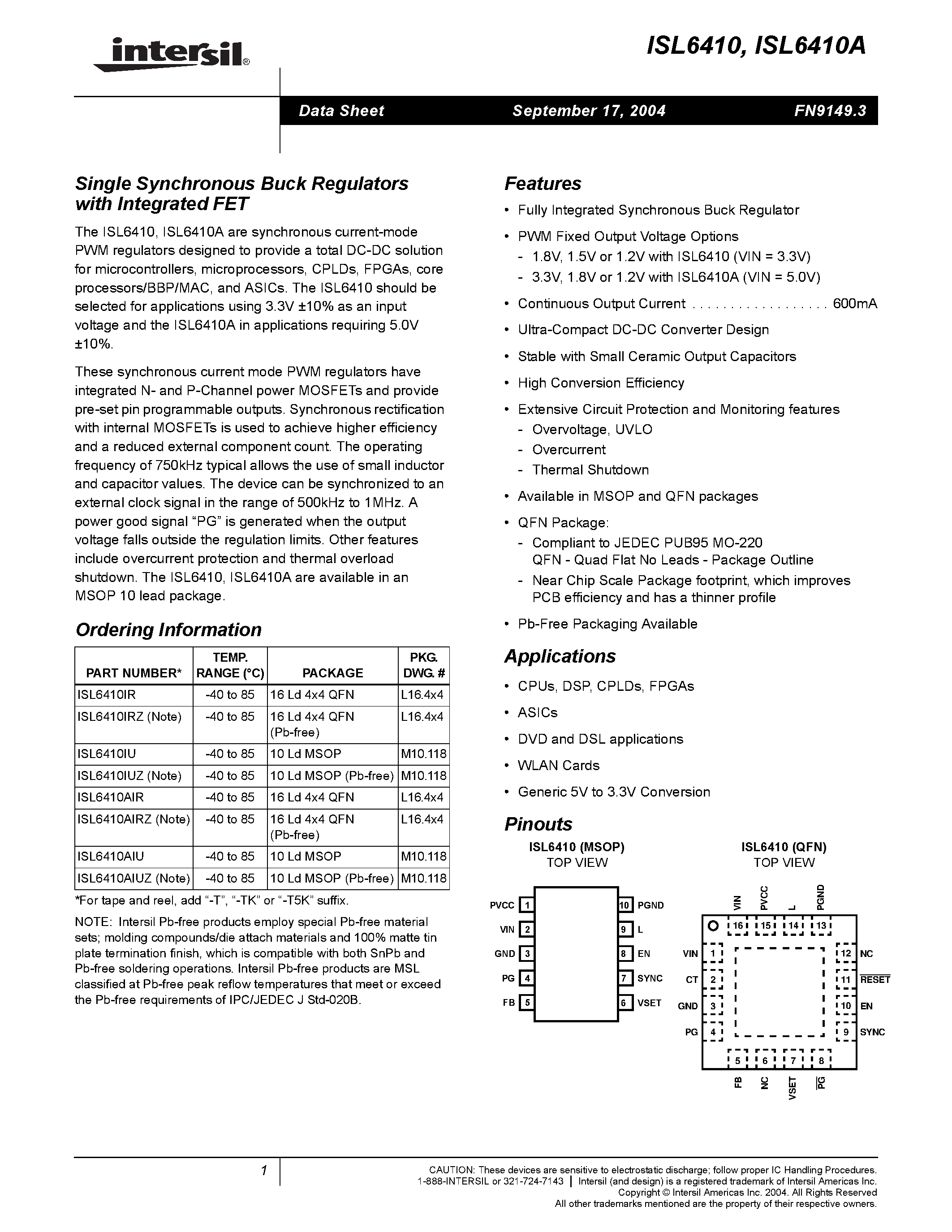 Datasheet ISL6410A - Single Synchronous Buck Regulators with Integrated FET page 1