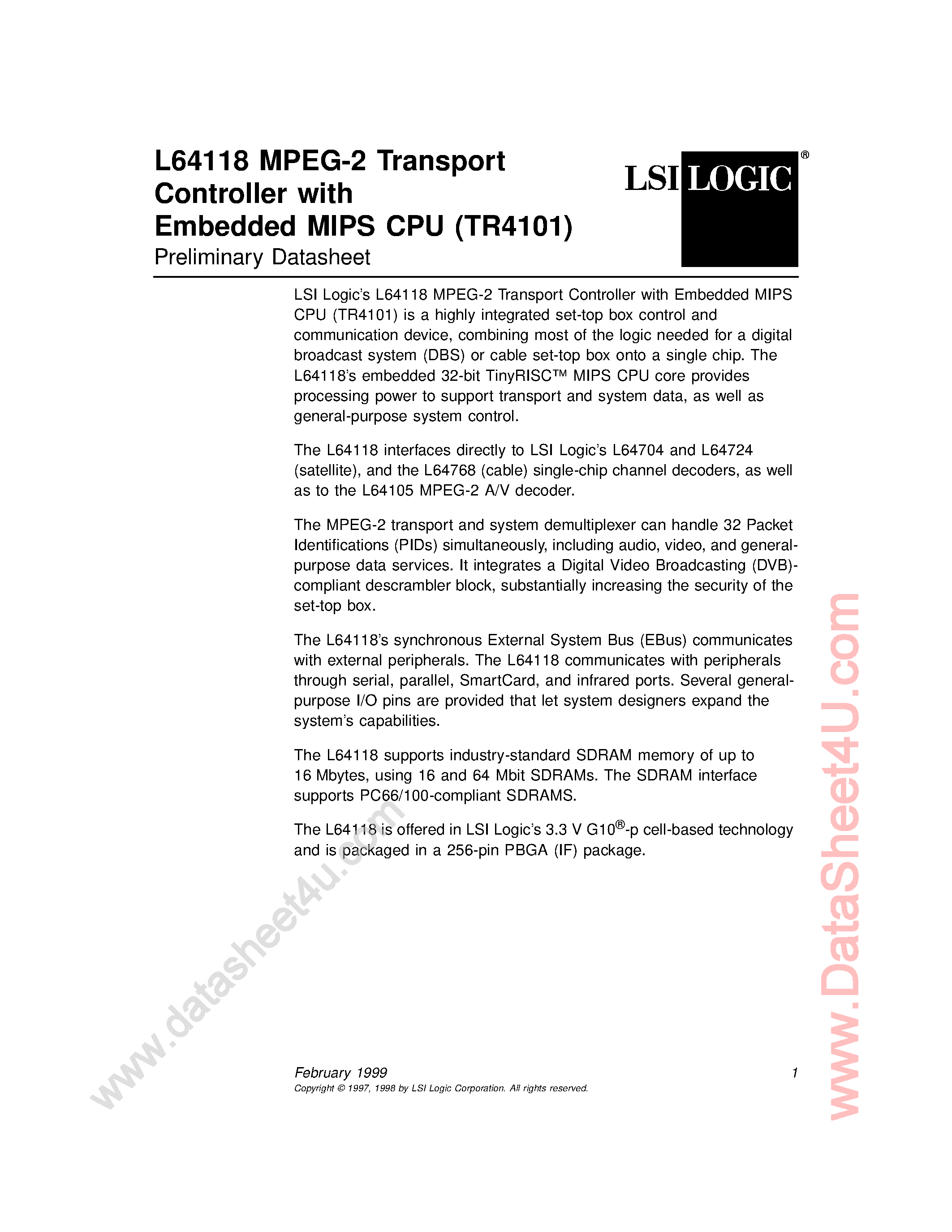 Datasheet L64118 - MPEG-2 Transport Controller page 1