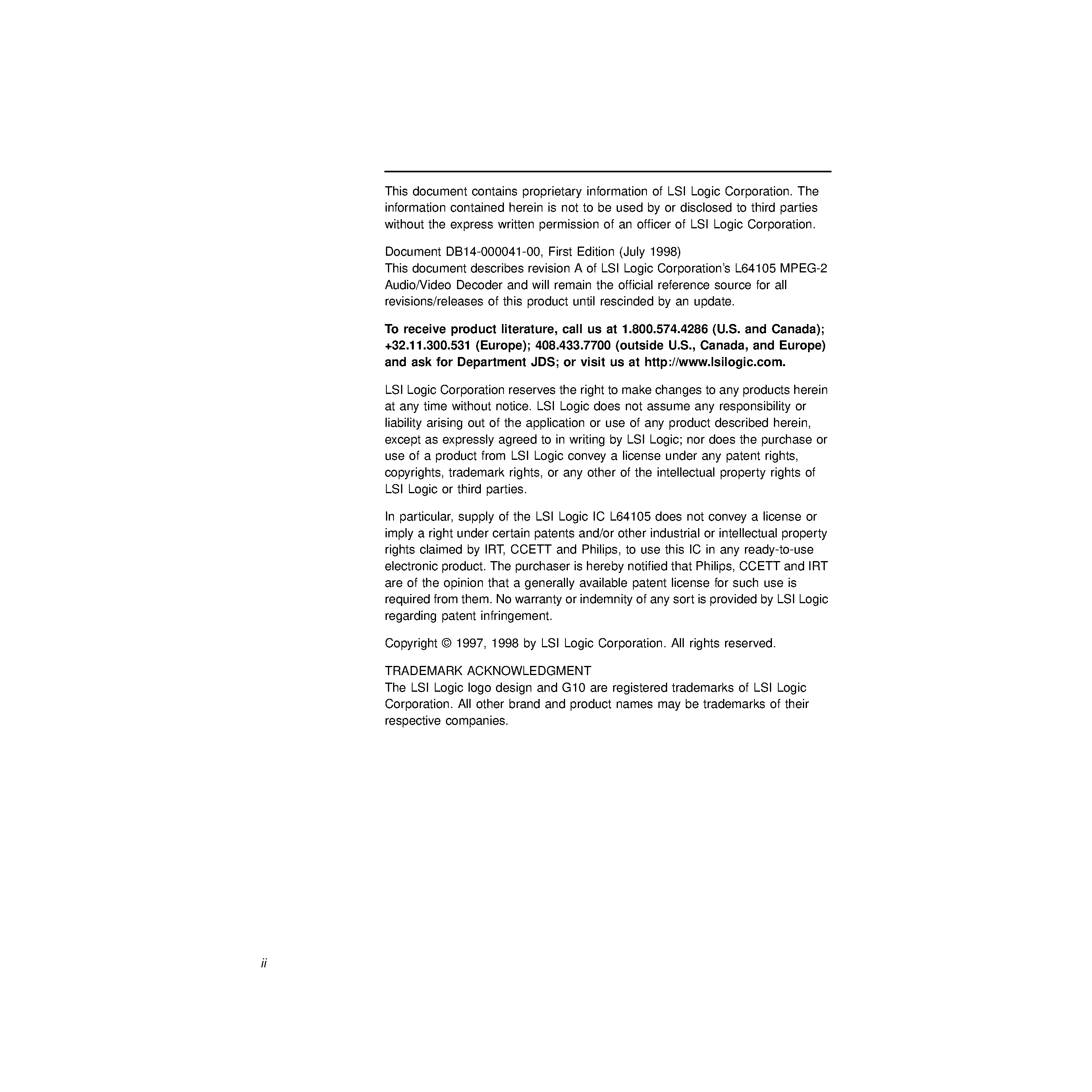 Datasheet L64105 - MPEG-2 Audio / Video Decoder page 2