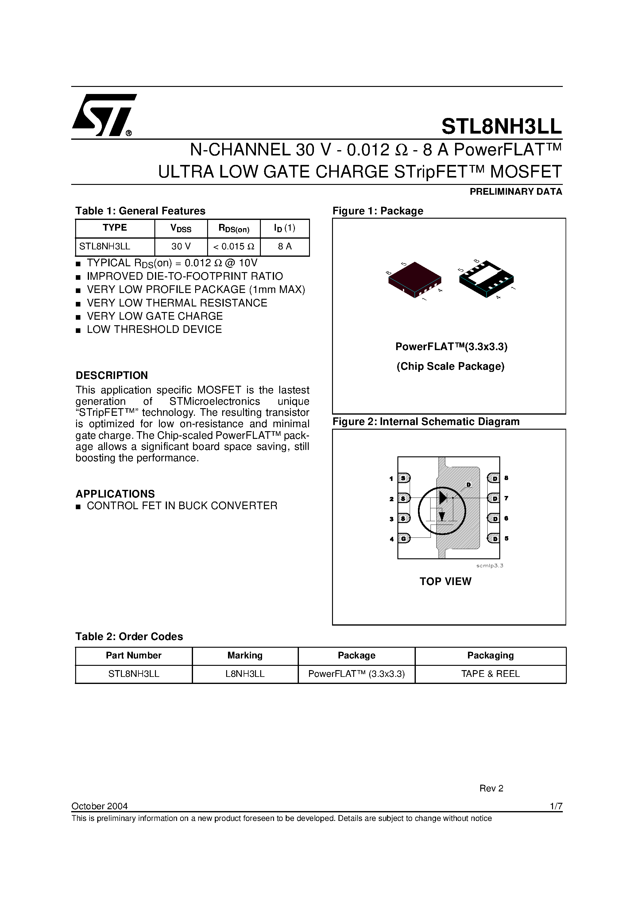 Datasheet STL8NH3LL - N-CHANNEL MOSFET page 1