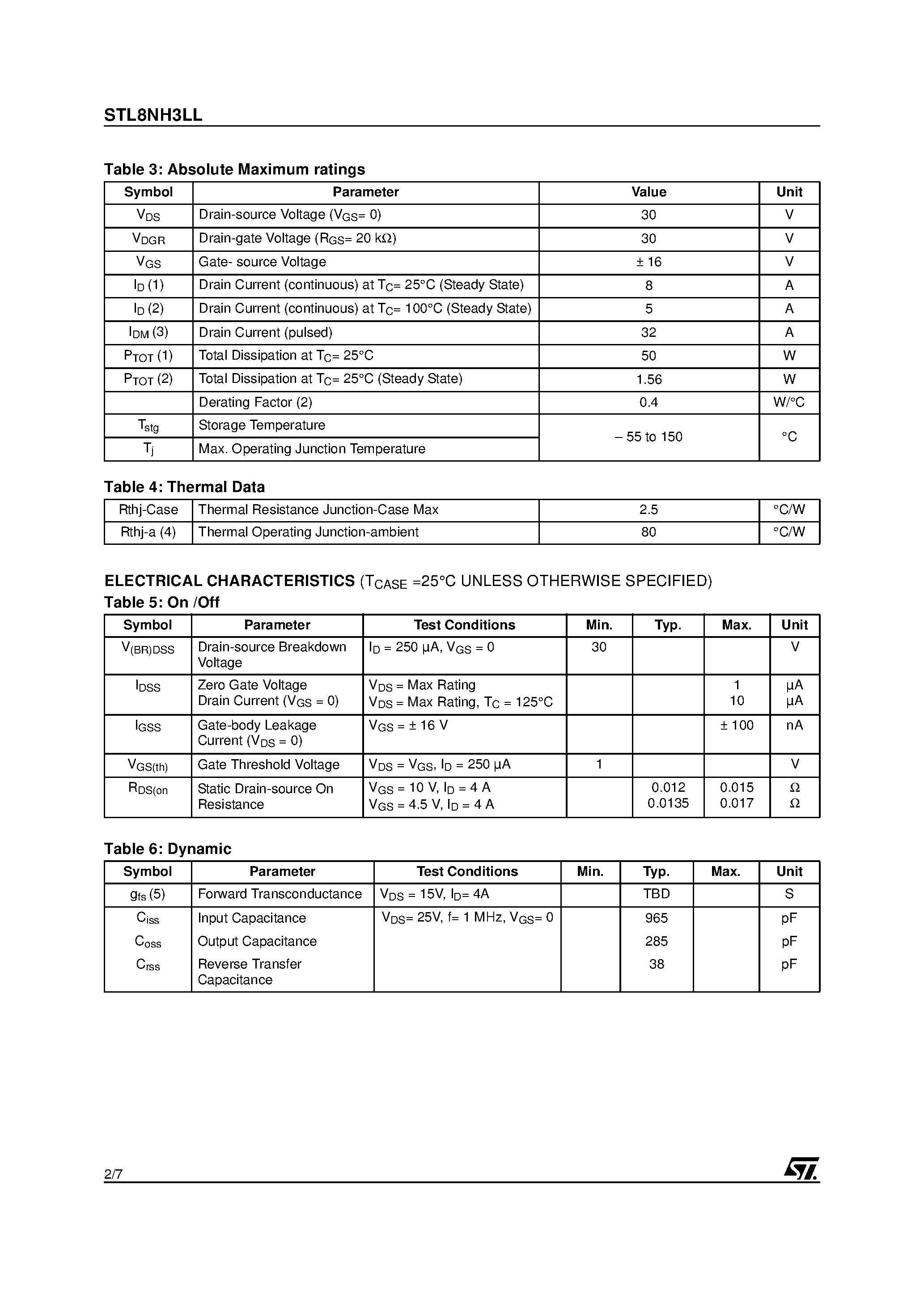 Datasheet STL8NH3LL - N-CHANNEL MOSFET page 2