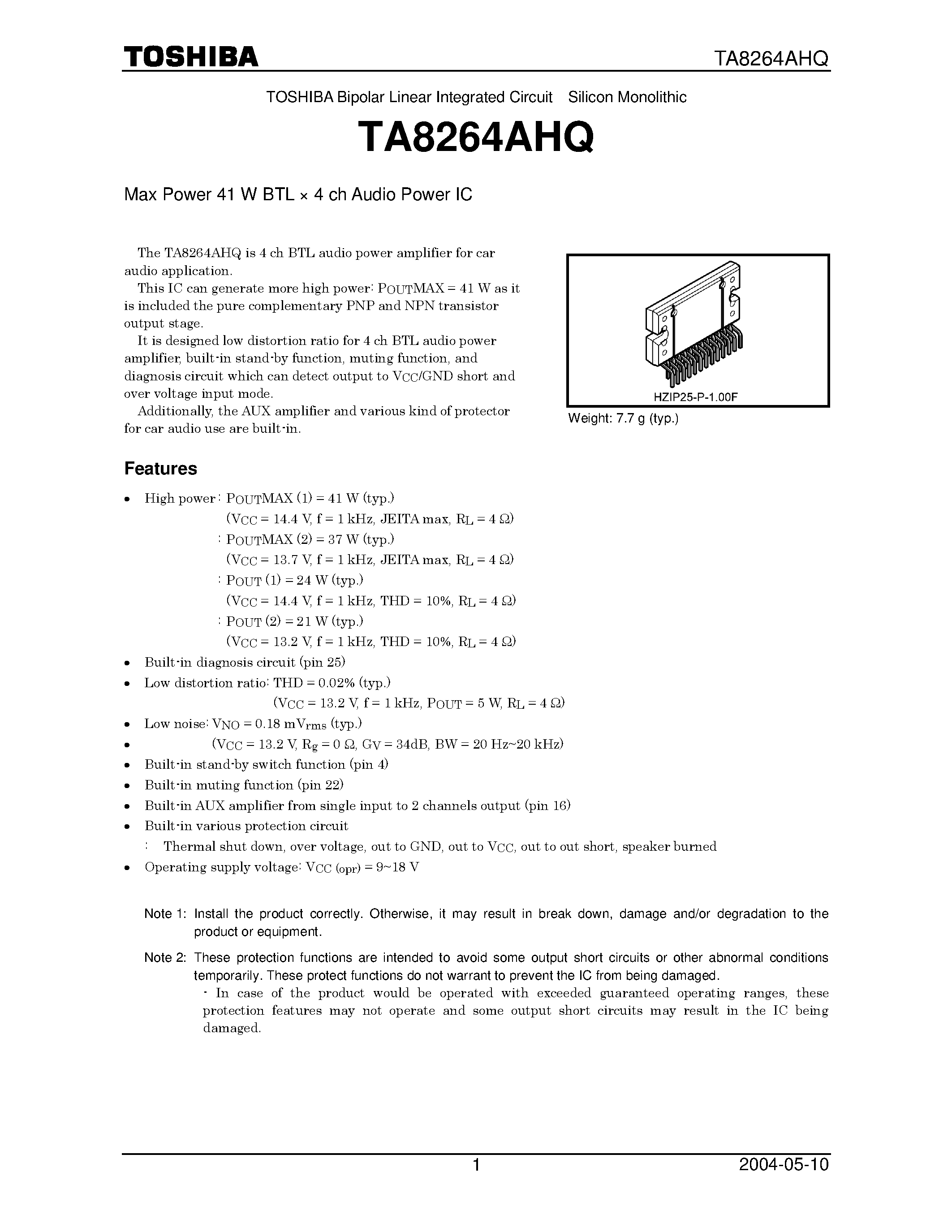 Datasheet TA8264AHQ - Max Power 41 W BTL x 4 ch Audio Power IC page 1