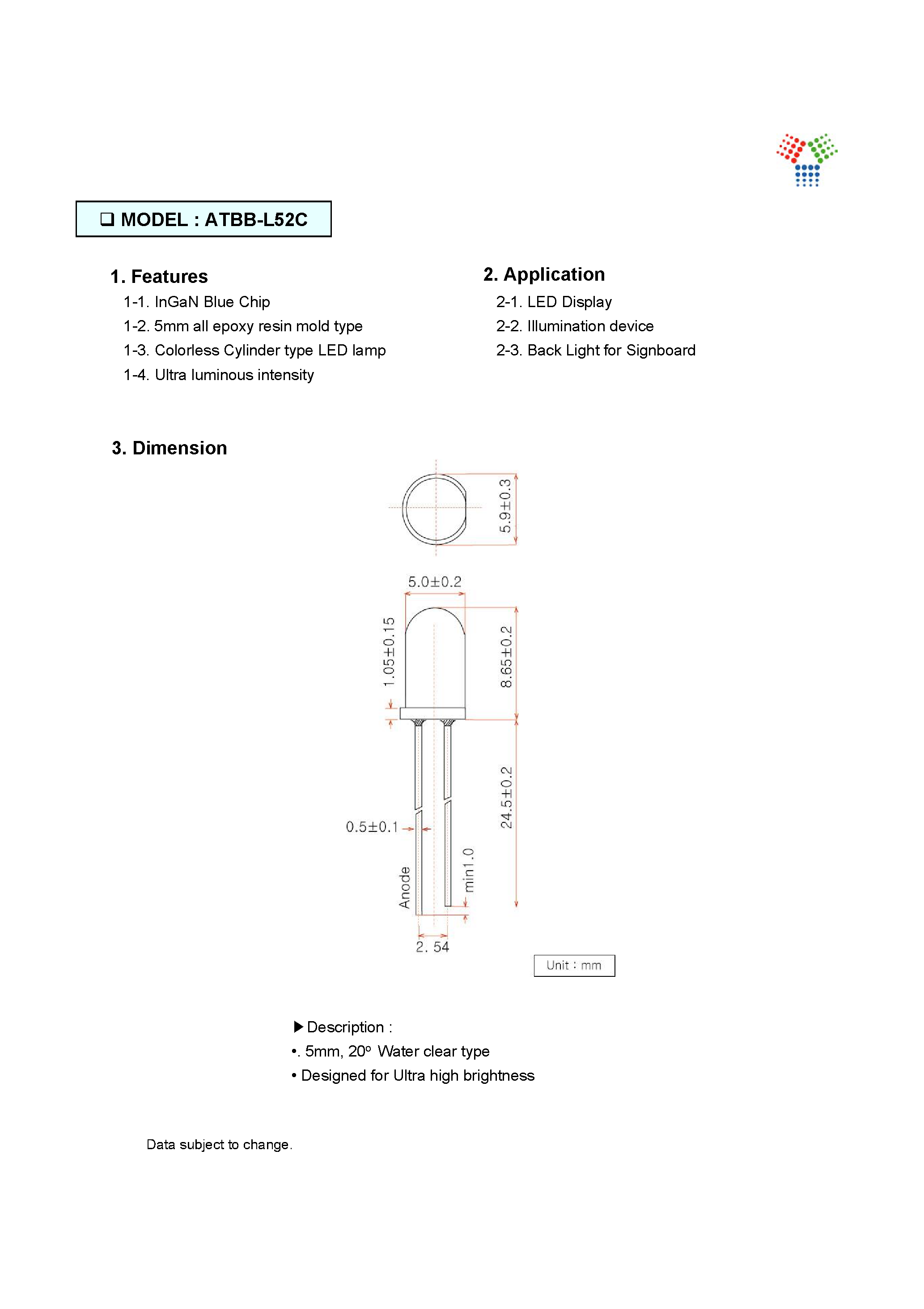 Datasheet ATBB-L52C - 5 BLUE LED LAMP page 2