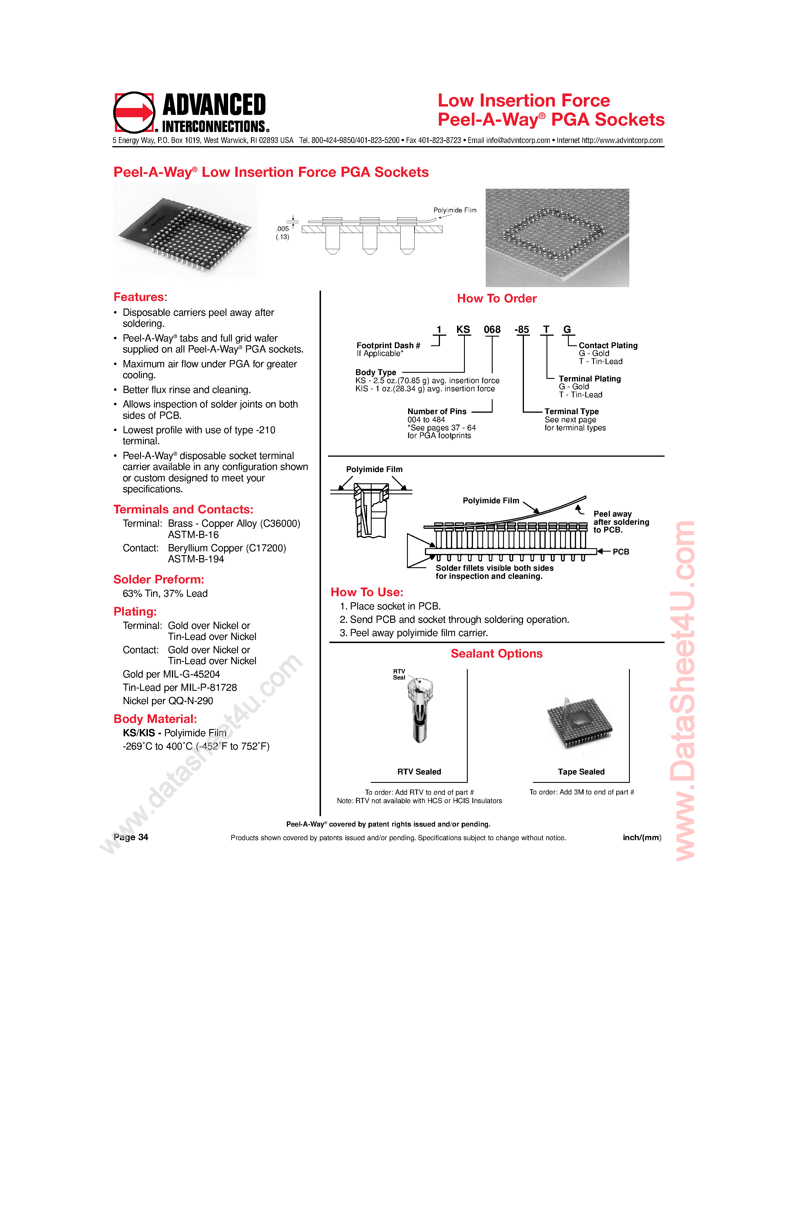 Datasheet 2KS160 - (2KSxxx) Peel A Way Low Insertion Force PGA Sockets page 1