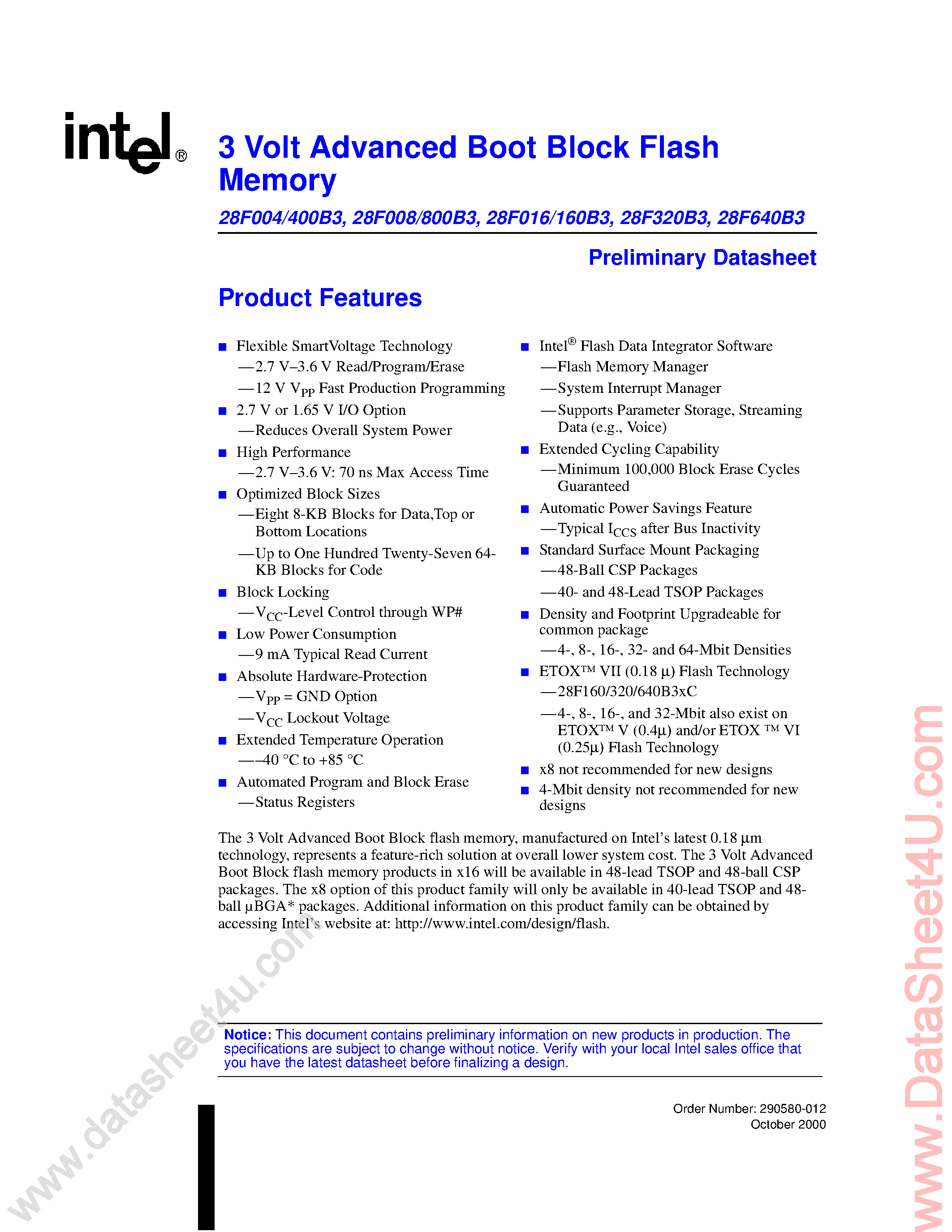 Даташит TE28F004 - (TE28Fxxx) 3 Volt Advanced Boot Block Flash Memory страница 1