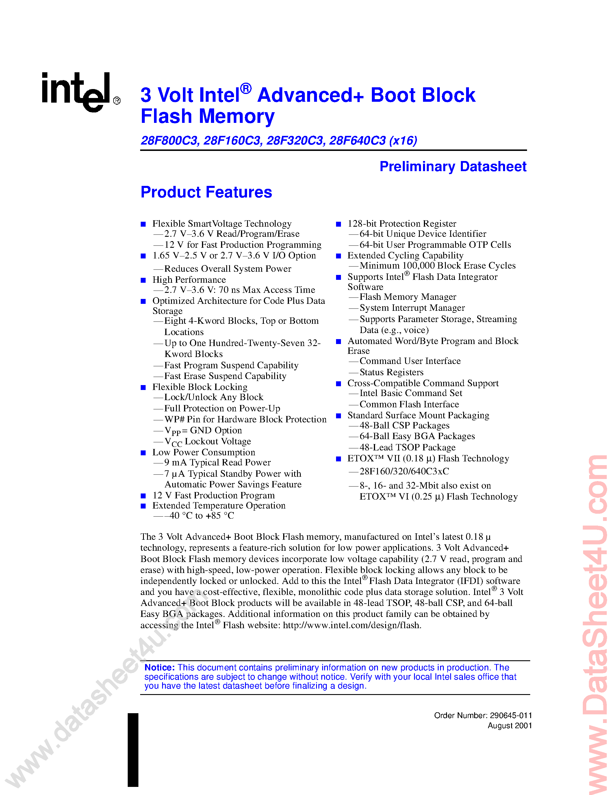 Даташит TE28F160C3 - (TE28Fxxx) 3 Volt Advanced Boot Block Flash Memory страница 1