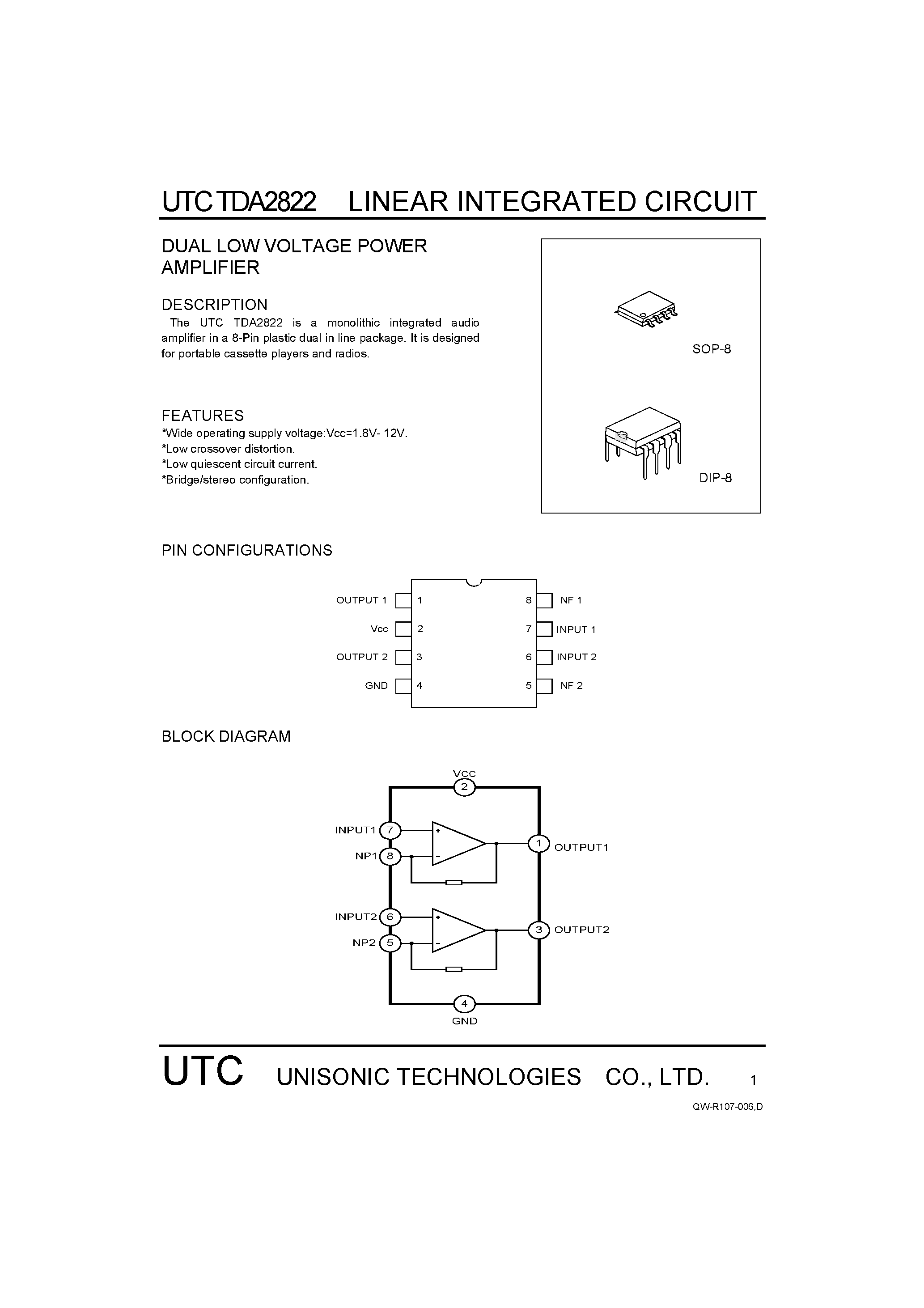 Datasheet TDA2822 page 1 Datasheet TDA2822 - Dual Low Voltage Power Amplifier page 1