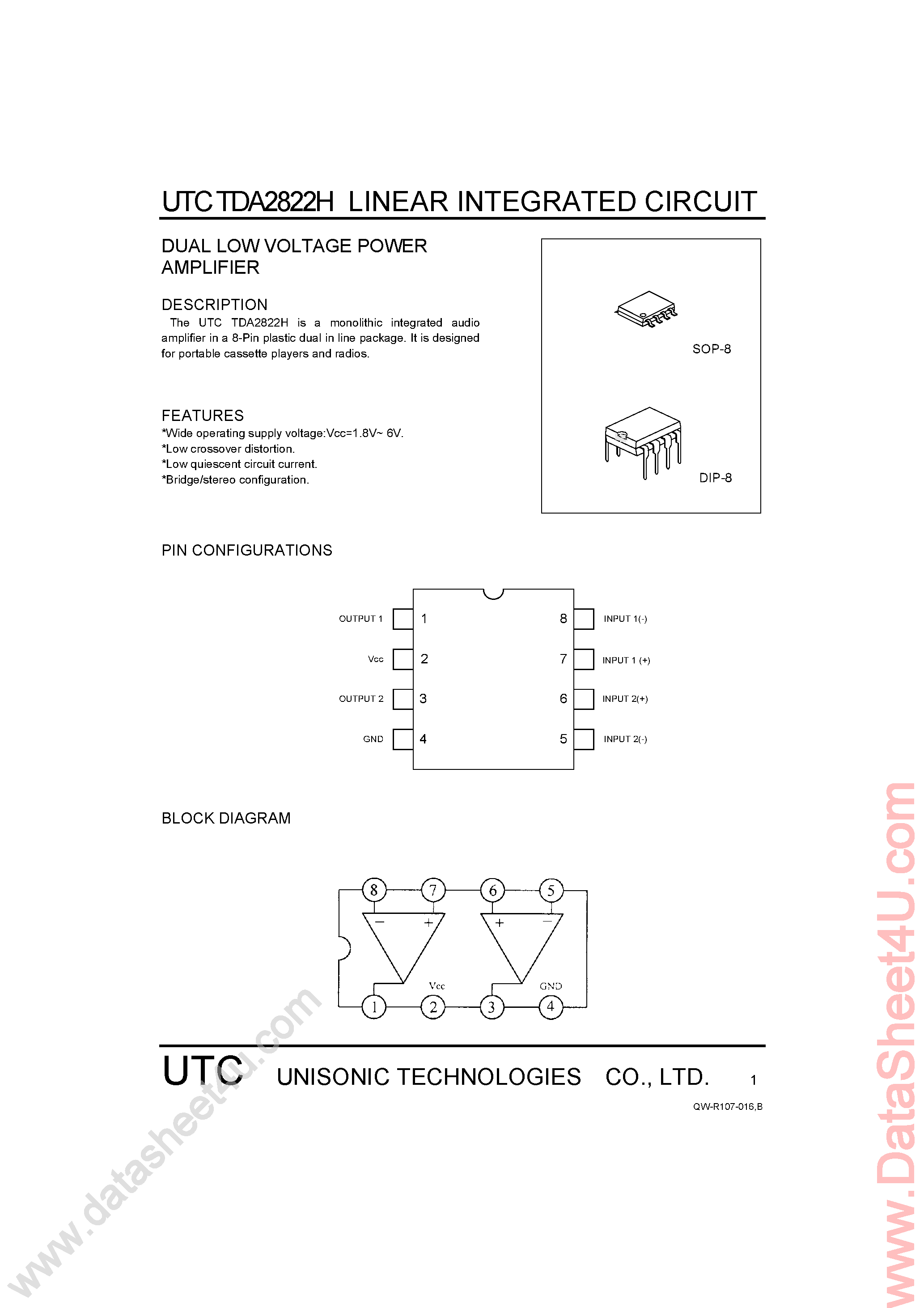 Datasheet TDA2822H page 1 Datasheet TDA2822H - Dual Low Voltage Power Amplifier page 1