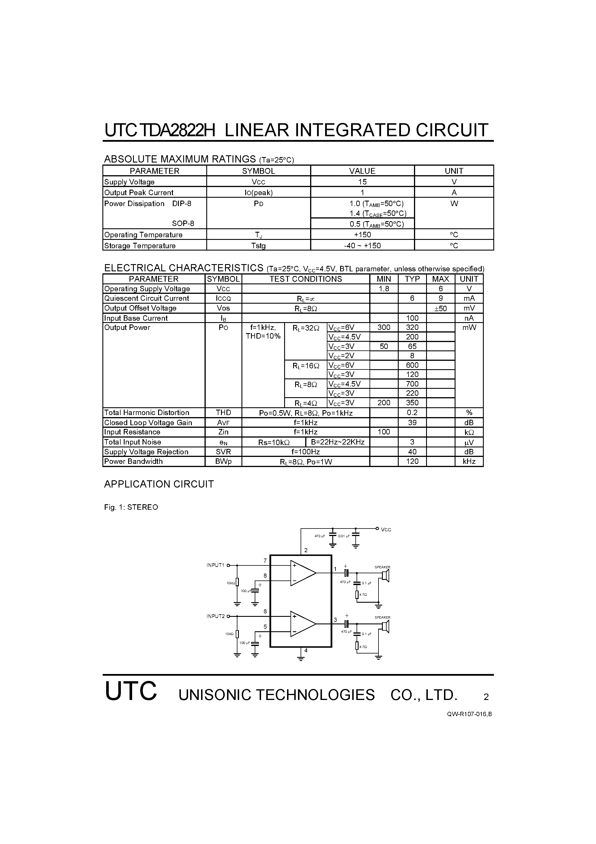 Datasheet TDA2822H page 2 Datasheet TDA2822H - Dual Low Voltage Power Amplifier page 2