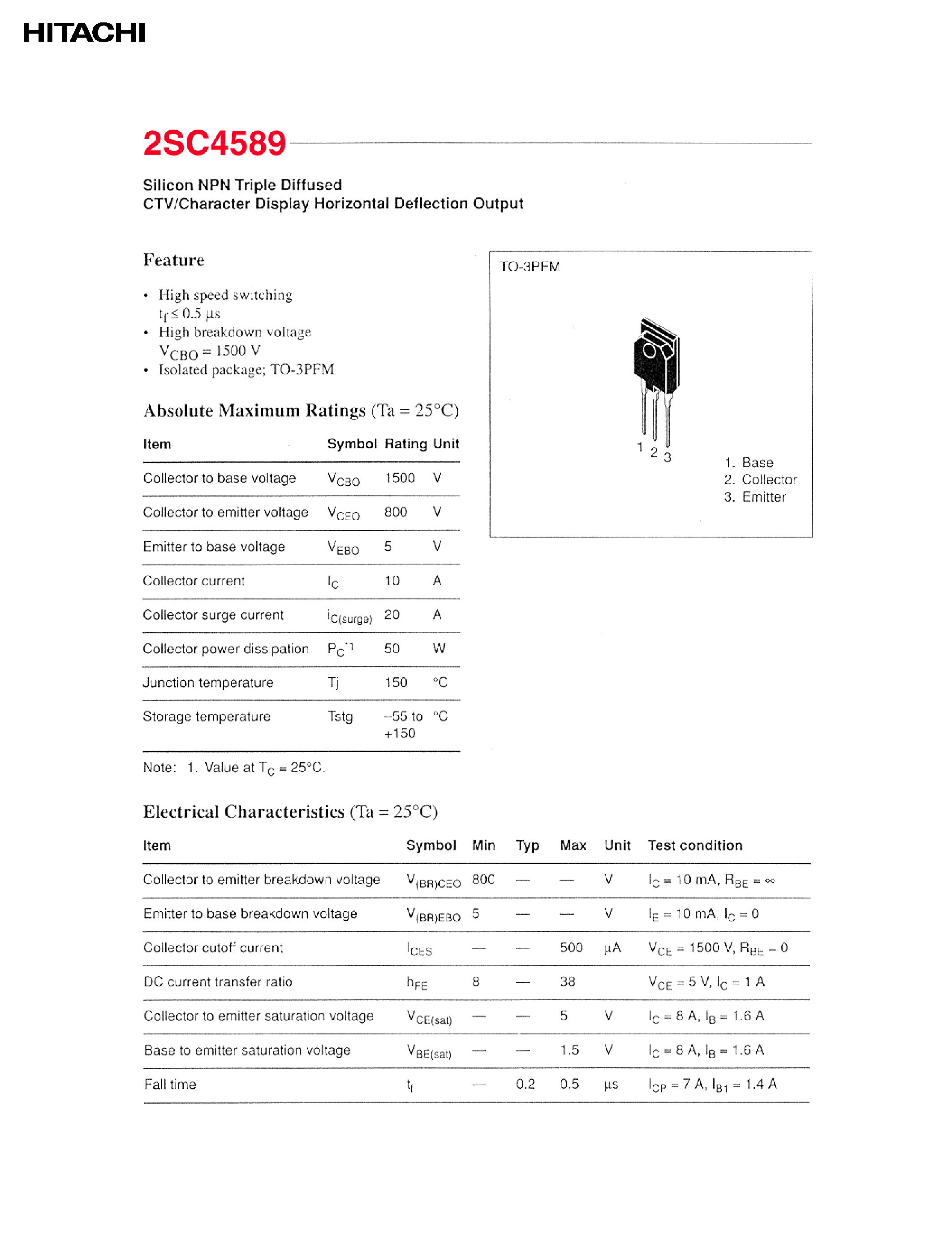 Datasheet 2SC4589 page 1 Datasheet 2SC4589 - CTV/Character Display Horizontal Deflection Output page 1