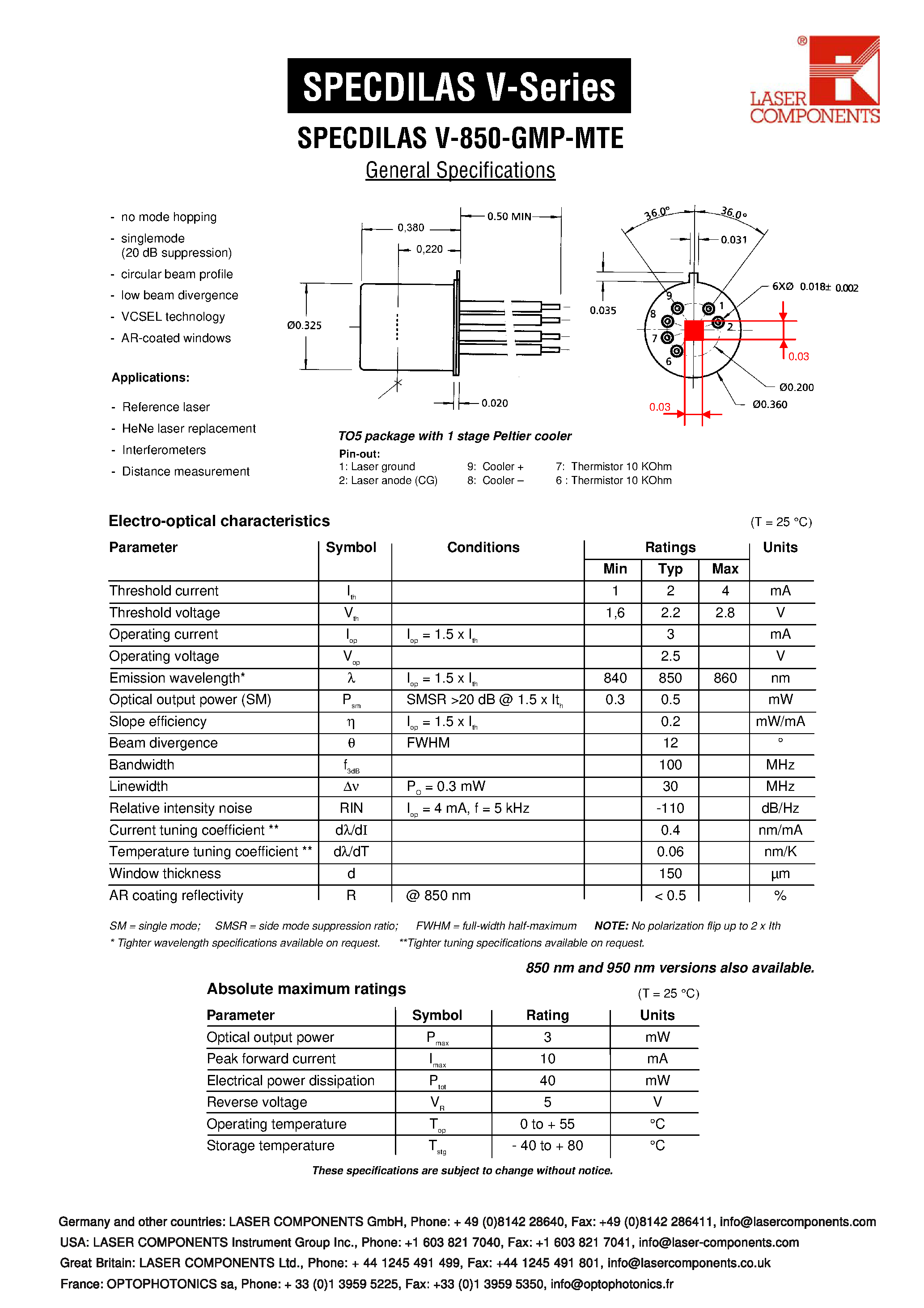 Datasheet V-850 - Laser Diode page 1