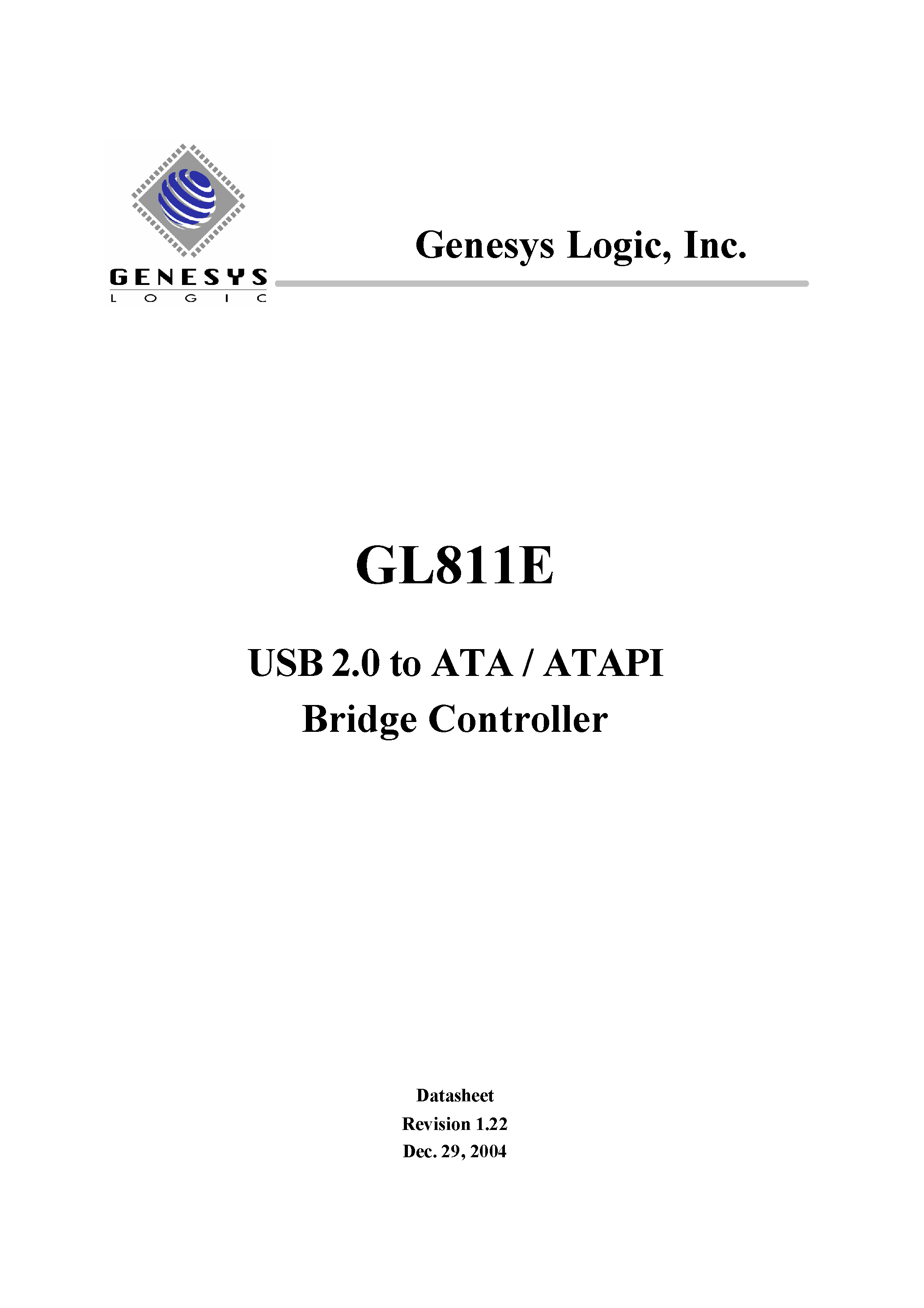Datasheet GL811E page 1 Datasheet GL811E - USB 2.0 to ATA / ATAPI Bridge Controller page 1