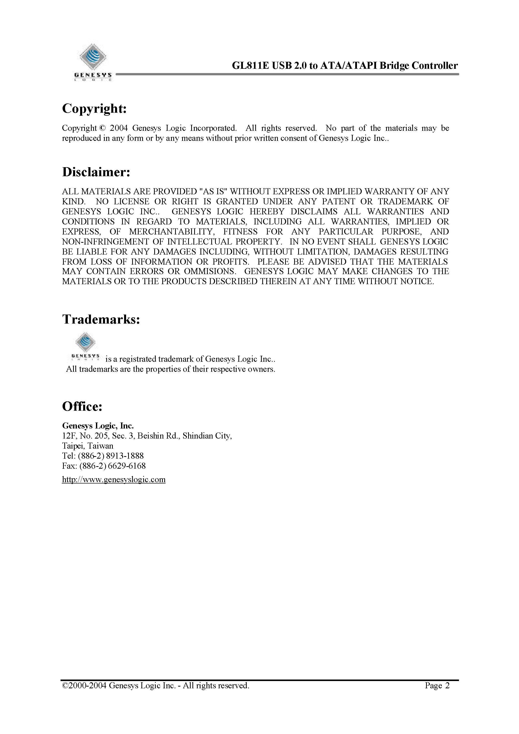 Datasheet GL811E page 2 Datasheet GL811E - USB 2.0 to ATA / ATAPI Bridge Controller page 2
