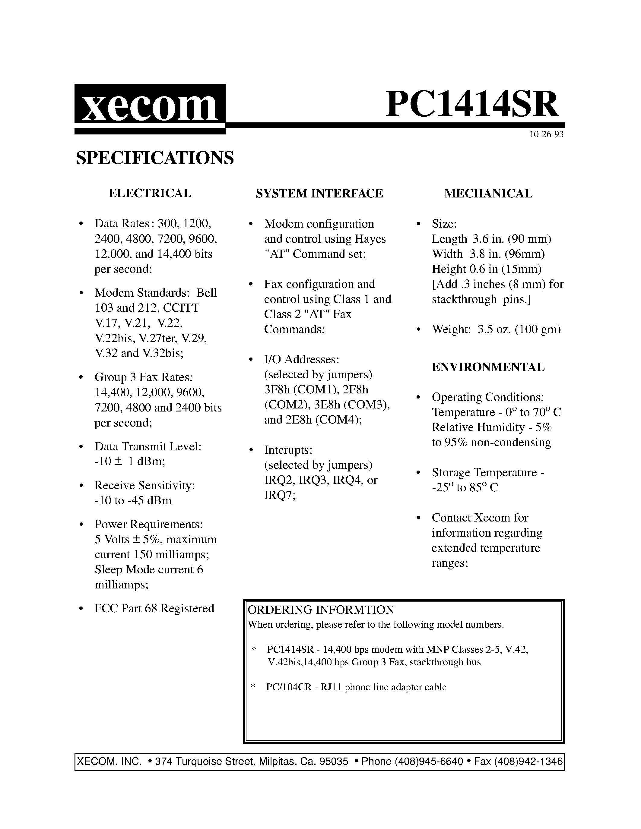 Datasheet PC1414SR page 2 Datasheet PC1414SR - The PC1414SR combines a 14400 bps data modem page 2