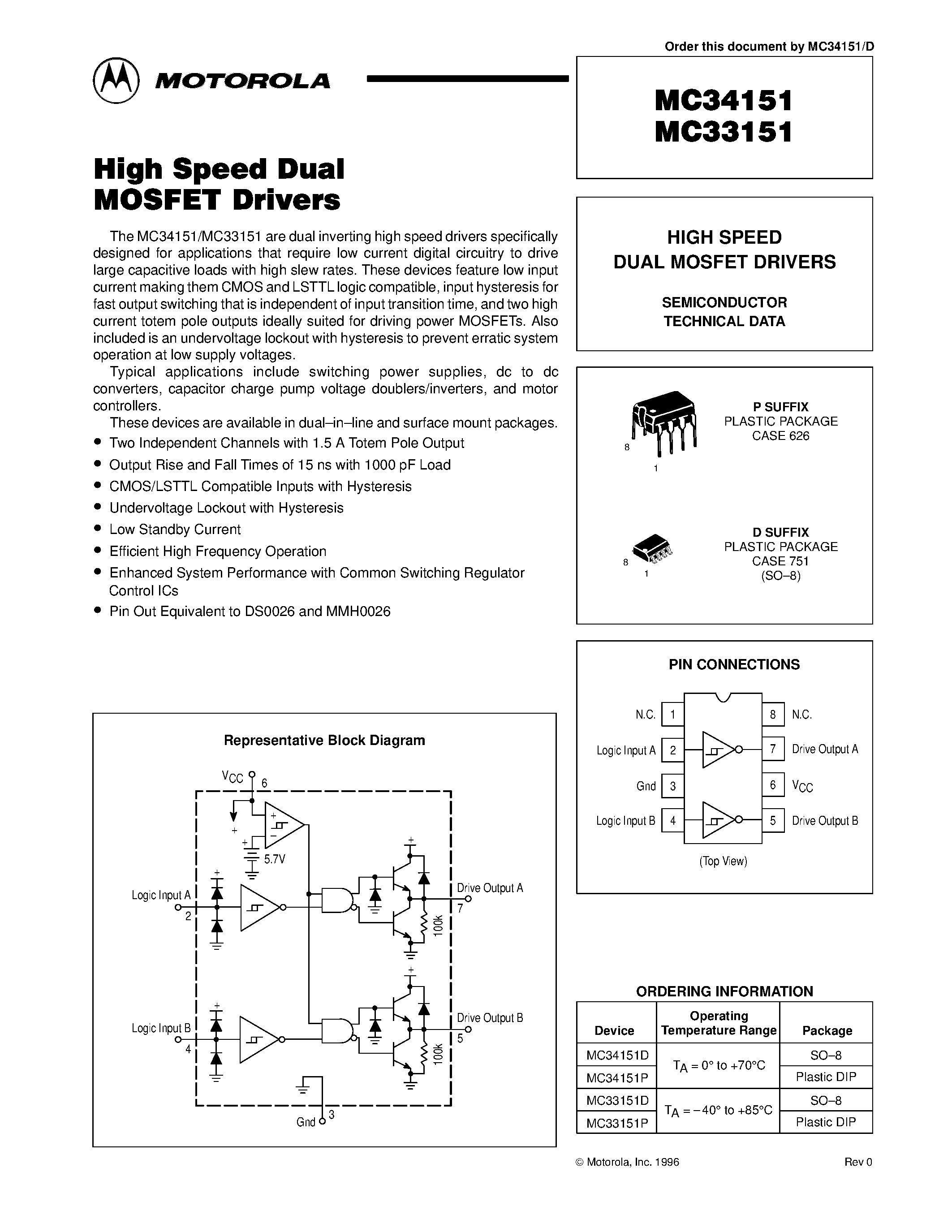 Datasheet MC33151 - (MC34151 / MC33151) HIGH SPEED DUAL MOSFET DRIVERS page 1