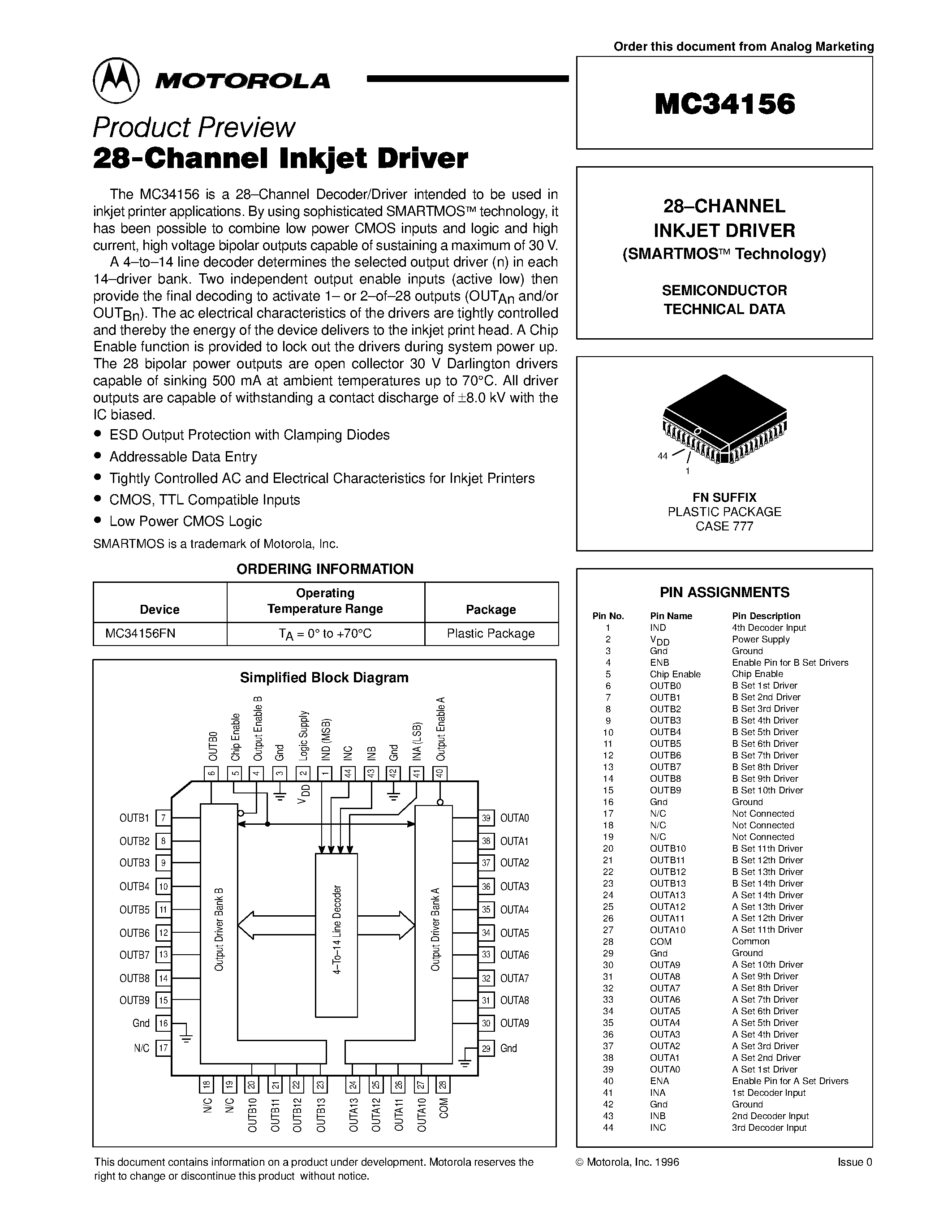 Datasheet MC34156 page 1 Datasheet MC34156 - 28-CHANNEL INKJET DRIVER (SMARTMOS Technology) page 1