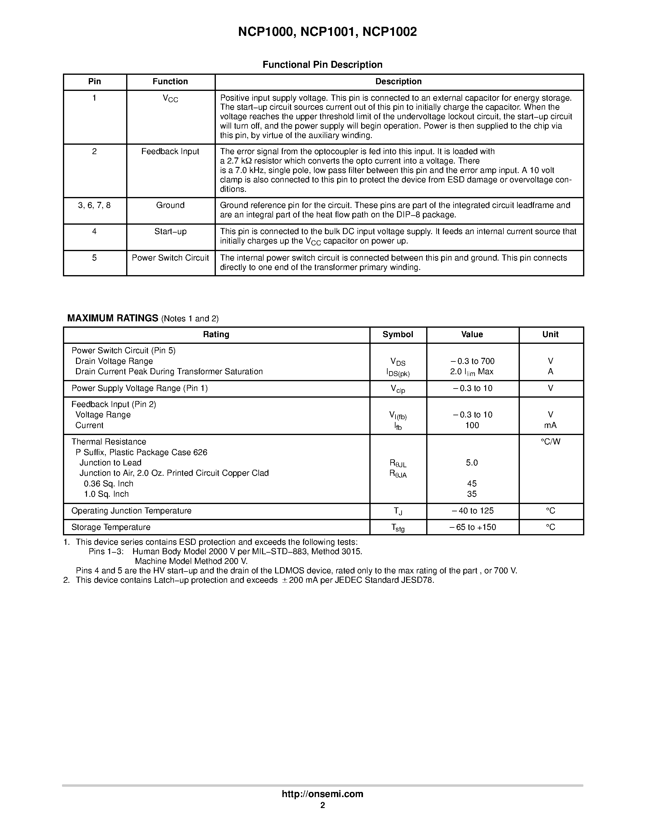 Datasheet NCP1000 page 2 Datasheet NCP1000 - (NCP1000 - NCP1002) Integrated Off-Line Switching Regulator page 2
