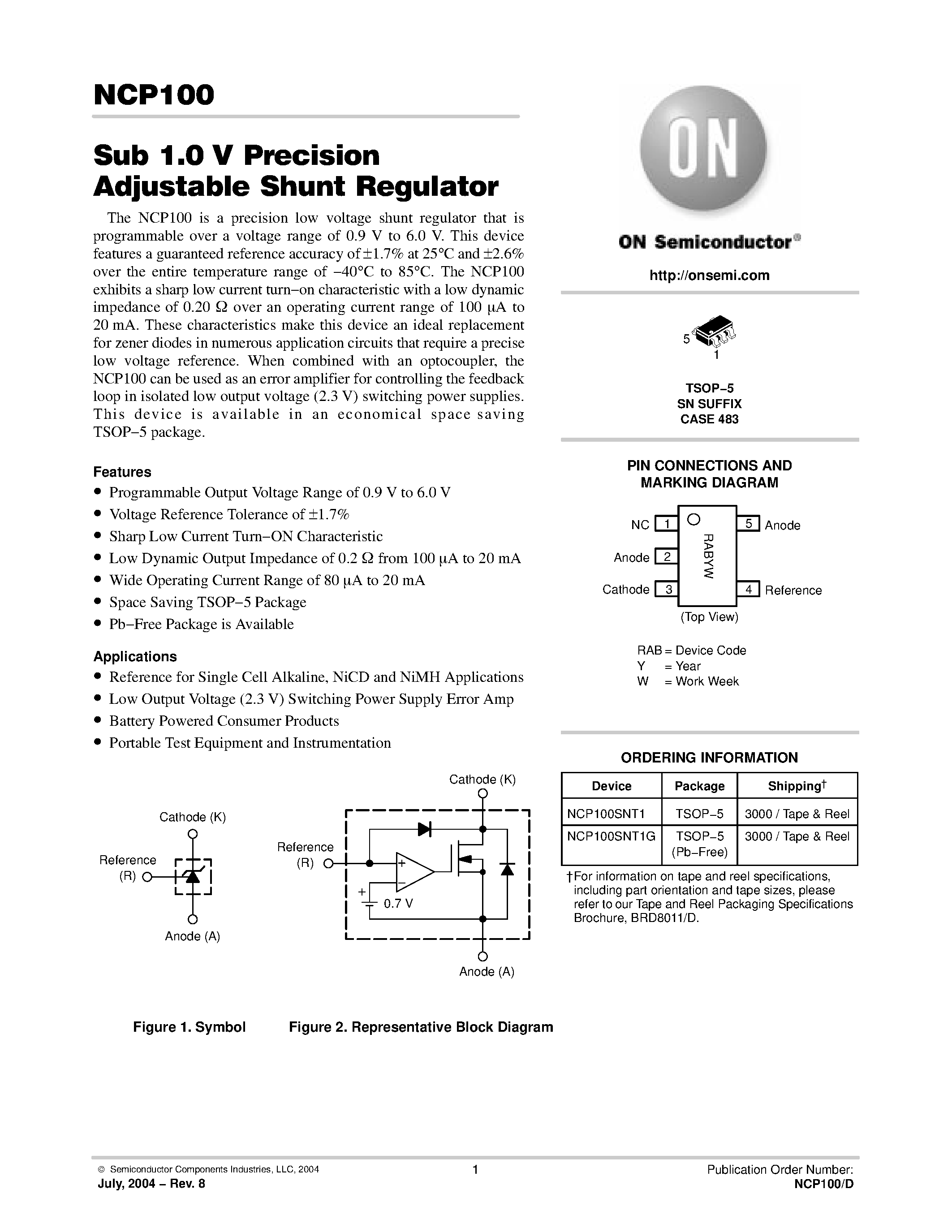 Datasheet NCP100 - Sub 1.0 V Precision Adjustable Shunt Regulator page 1
