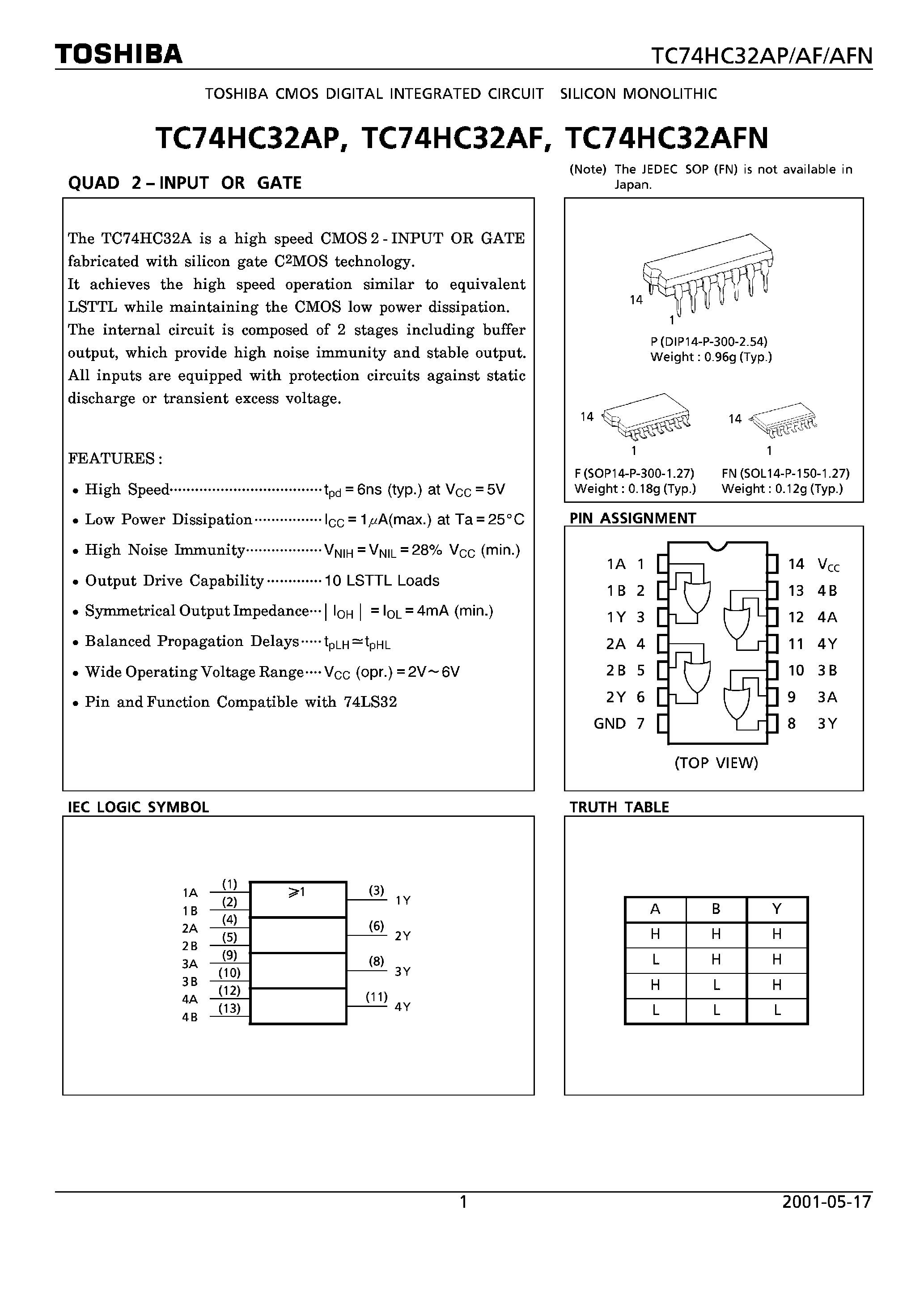 Datasheet TC74HC32AF - (TC74HC32xx) QUAD 2-INPUT OR GATE page 1