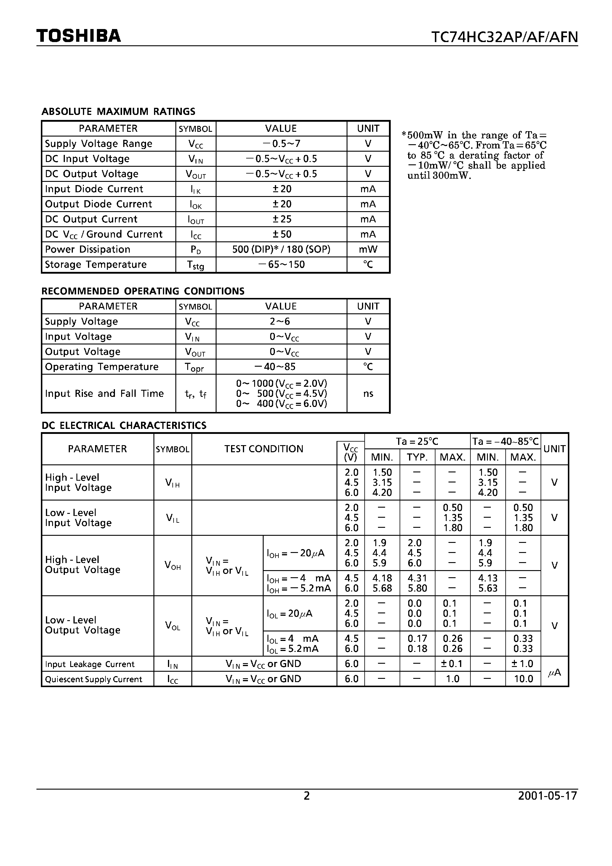 Datasheet TC74HC32AF - (TC74HC32xx) QUAD 2-INPUT OR GATE page 2