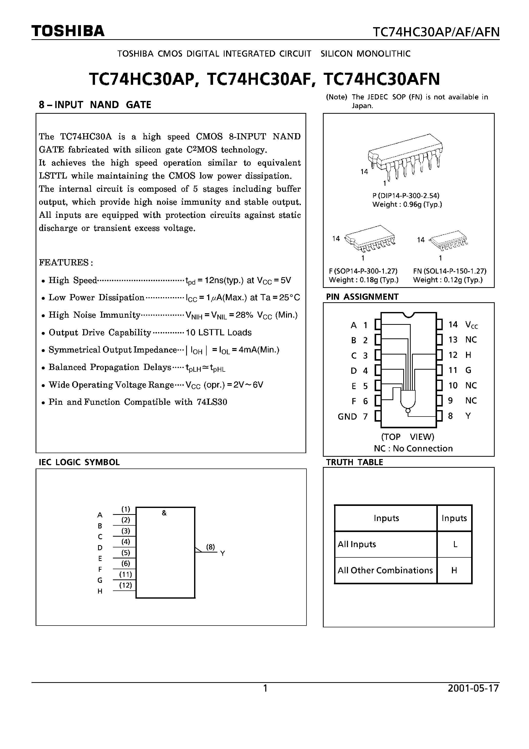 Даташит TC74HC30AF - (TC74HC30xx) 8-INPUT NAND GATE страница 1