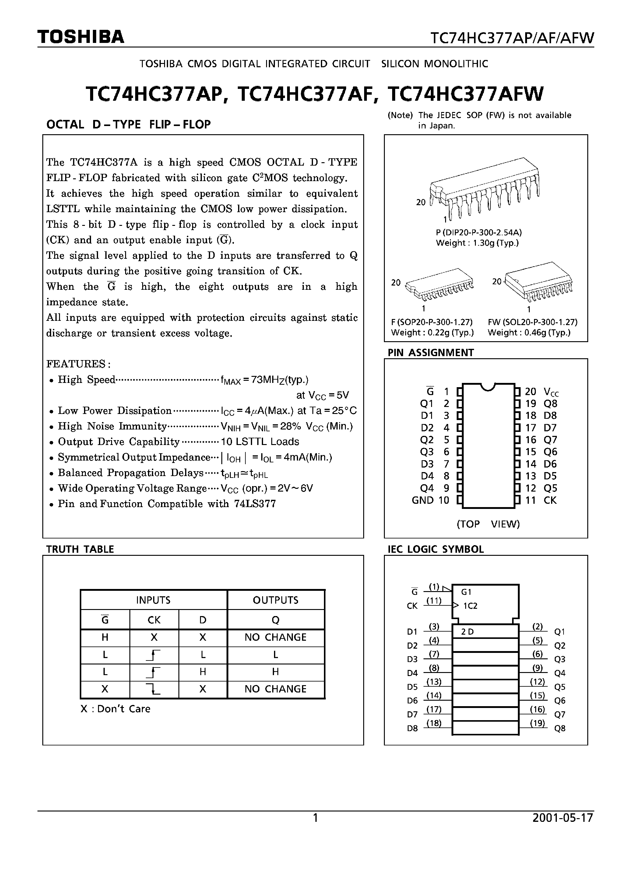 Даташит TC74HC377AF - (TC74HC377xx) OCTAL D TYPE FLIP FLOP страница 1