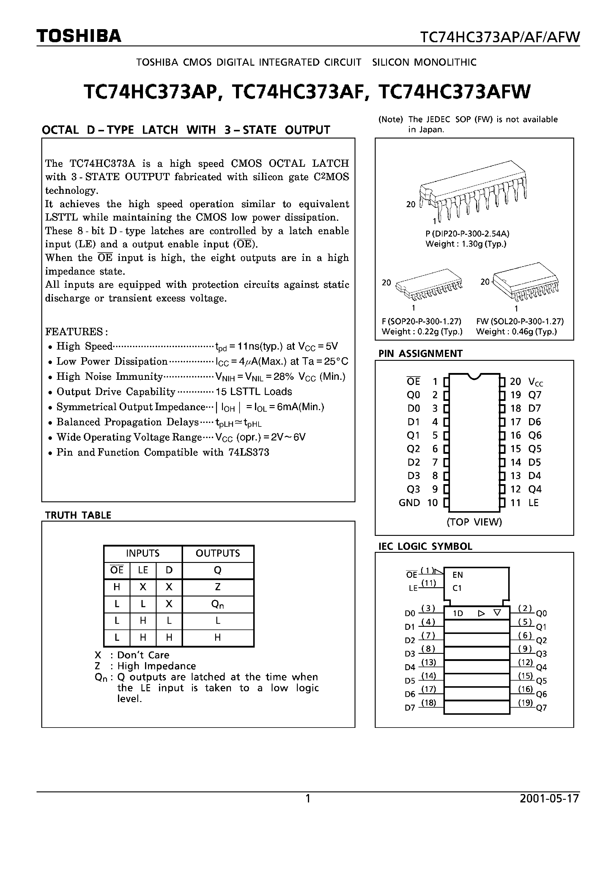 Даташит TC74HC373AF - (TC74HC373xx) OCTAL D TYPE LATCH WITH 3 STATE OUTPUT страница 1