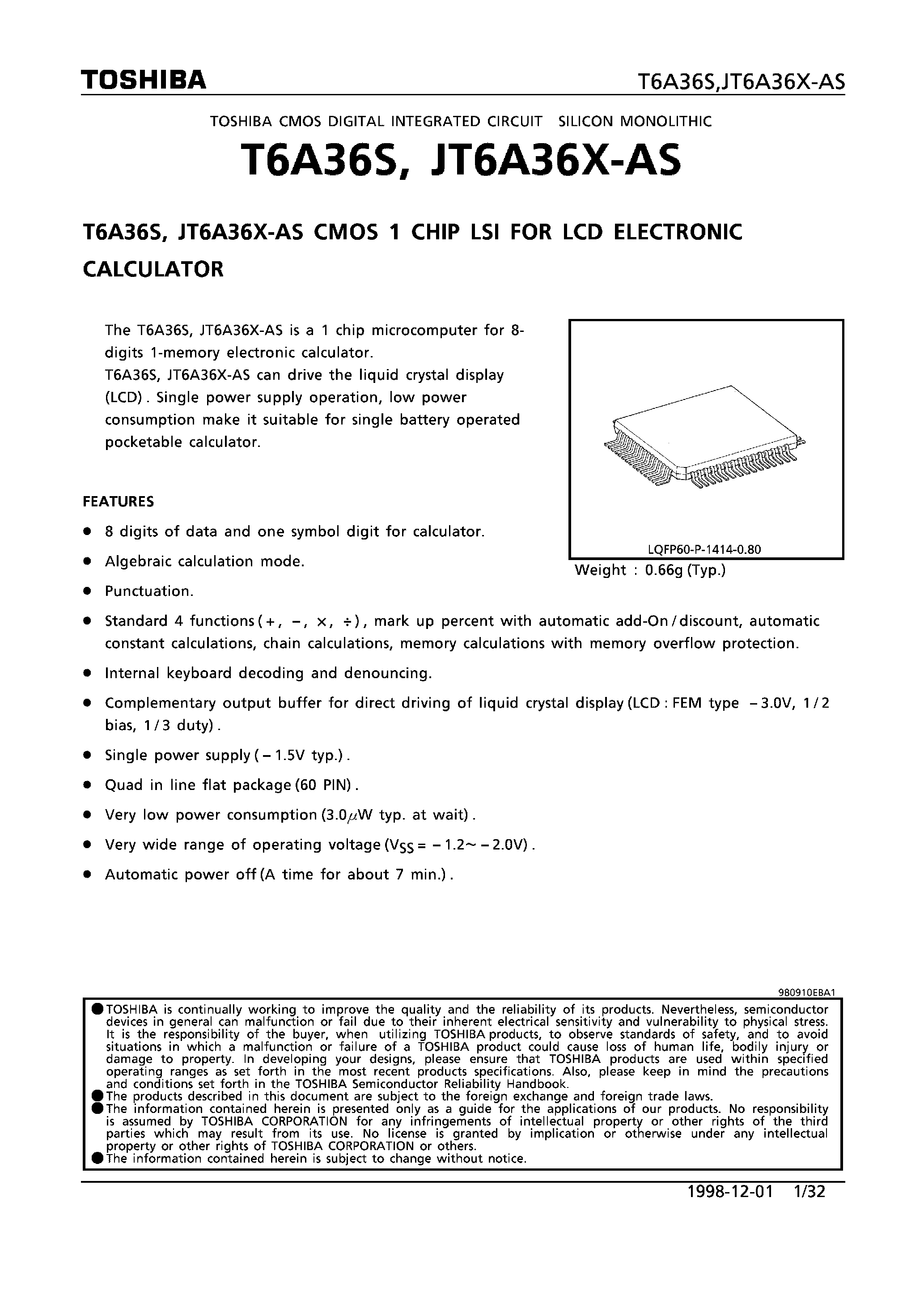 Datasheet T6A36S - CMOS 1 CHIP LSI FOR LCD ELECTRONIC CALCULATOR page 1