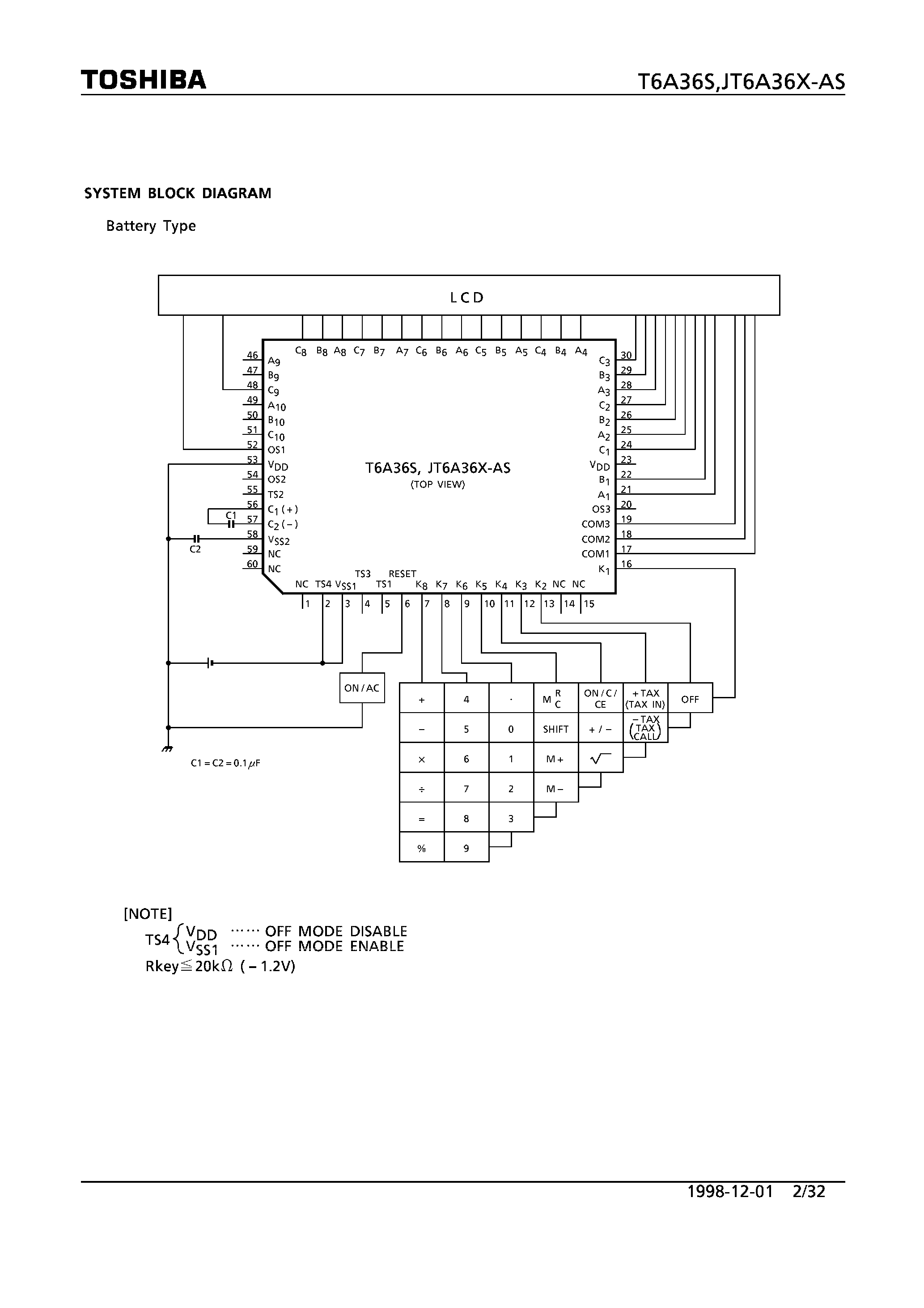 Datasheet T6A36S - CMOS 1 CHIP LSI FOR LCD ELECTRONIC CALCULATOR page 2