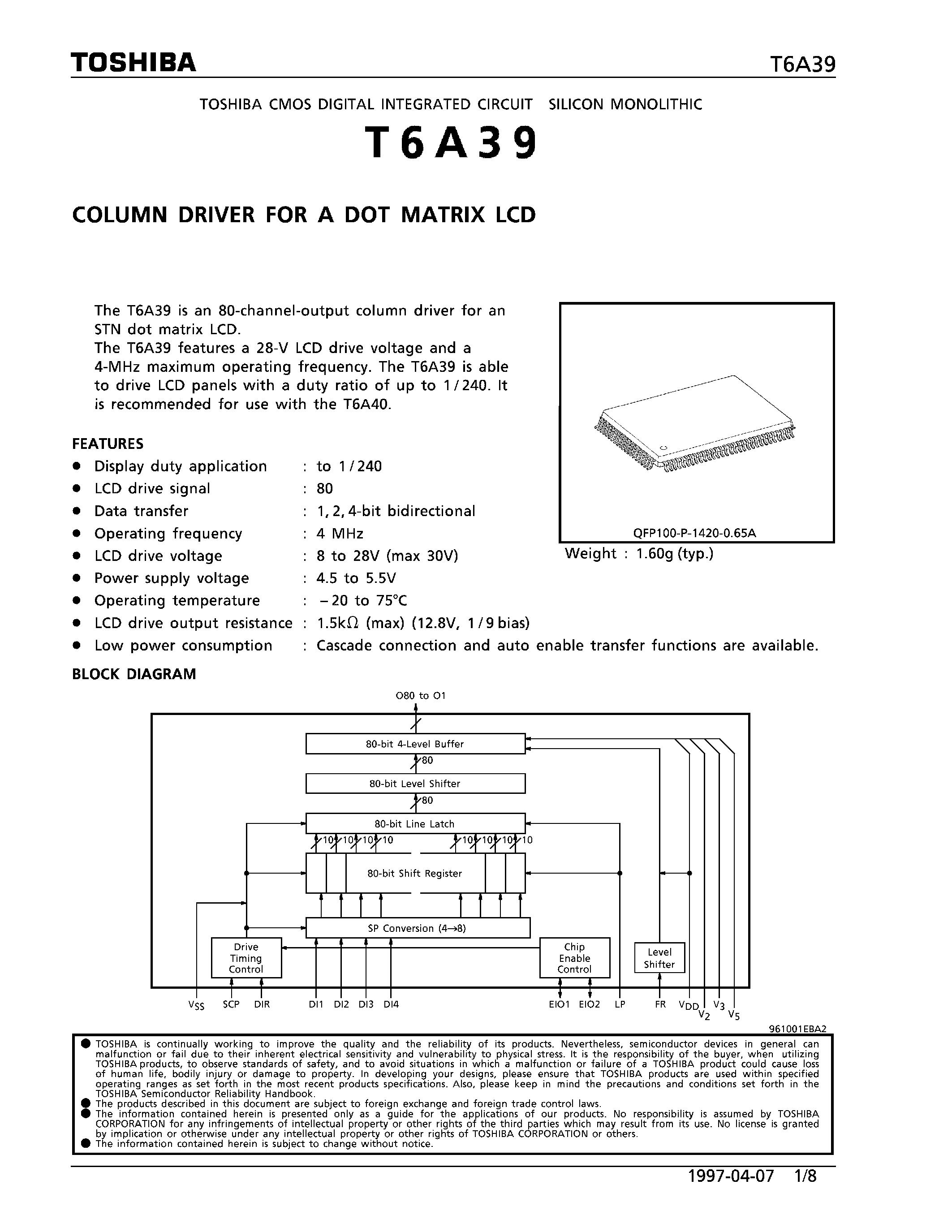 Datasheet T6A39 - COLUMN DRIVER FOR A DOT MATRIX LCD page 1