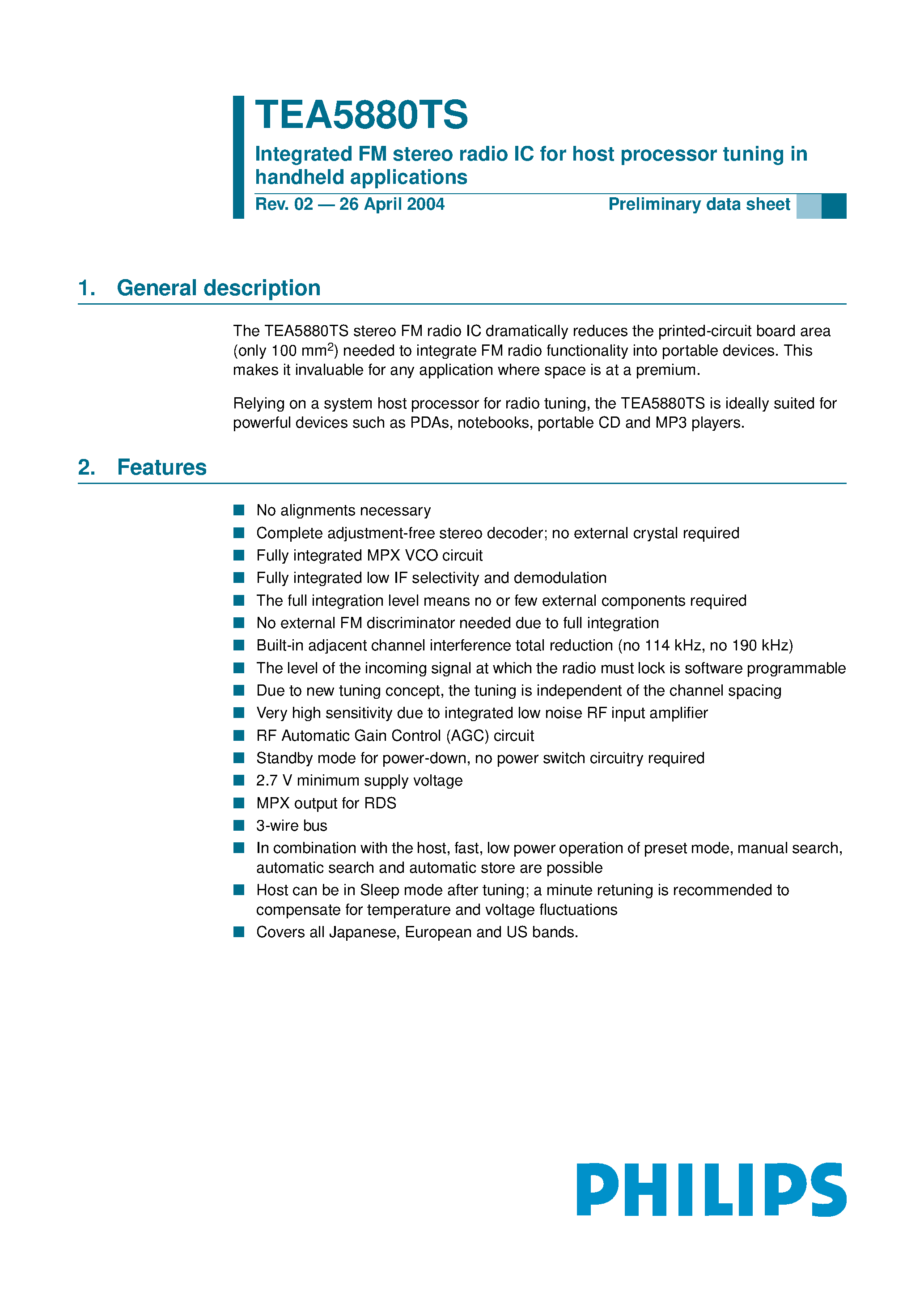 Даташит TEA5880TS - Integrated FM Stereo Radio ic For Host Processor Tuning in Handheld Applications страница 1